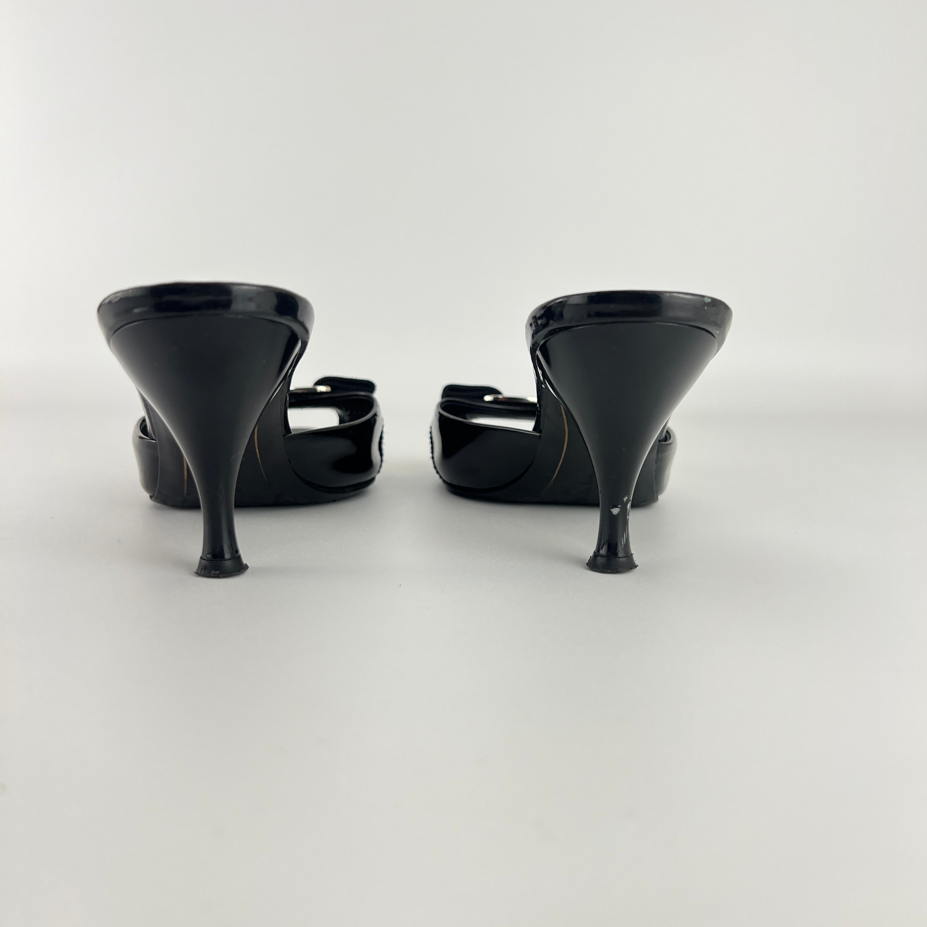 Ferragamo | Vara Bow Black Patent Leather Peep Toe Sandal Slide Mules (36.5, 6.5)