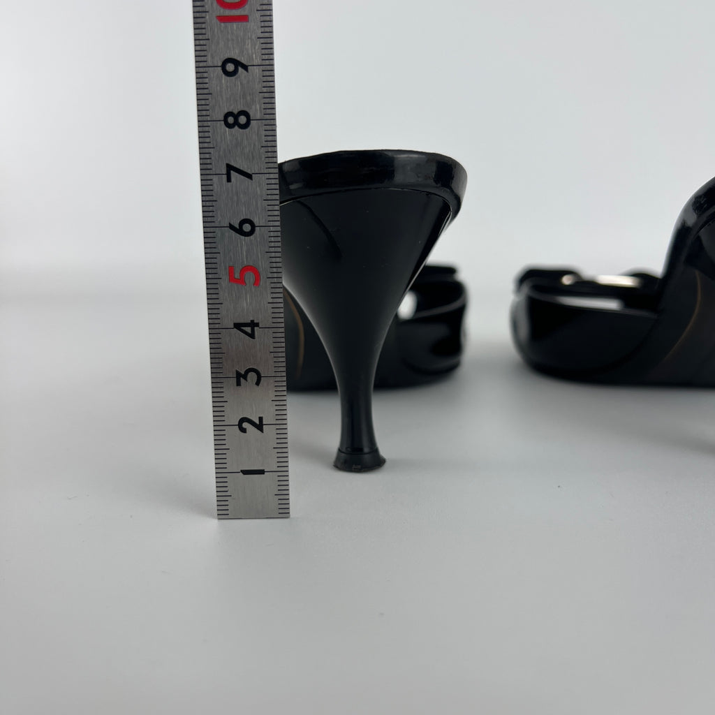 Ferragamo | Vara Bow Black Patent Leather Peep Toe Sandal Slide Mules (36.5, 6.5)