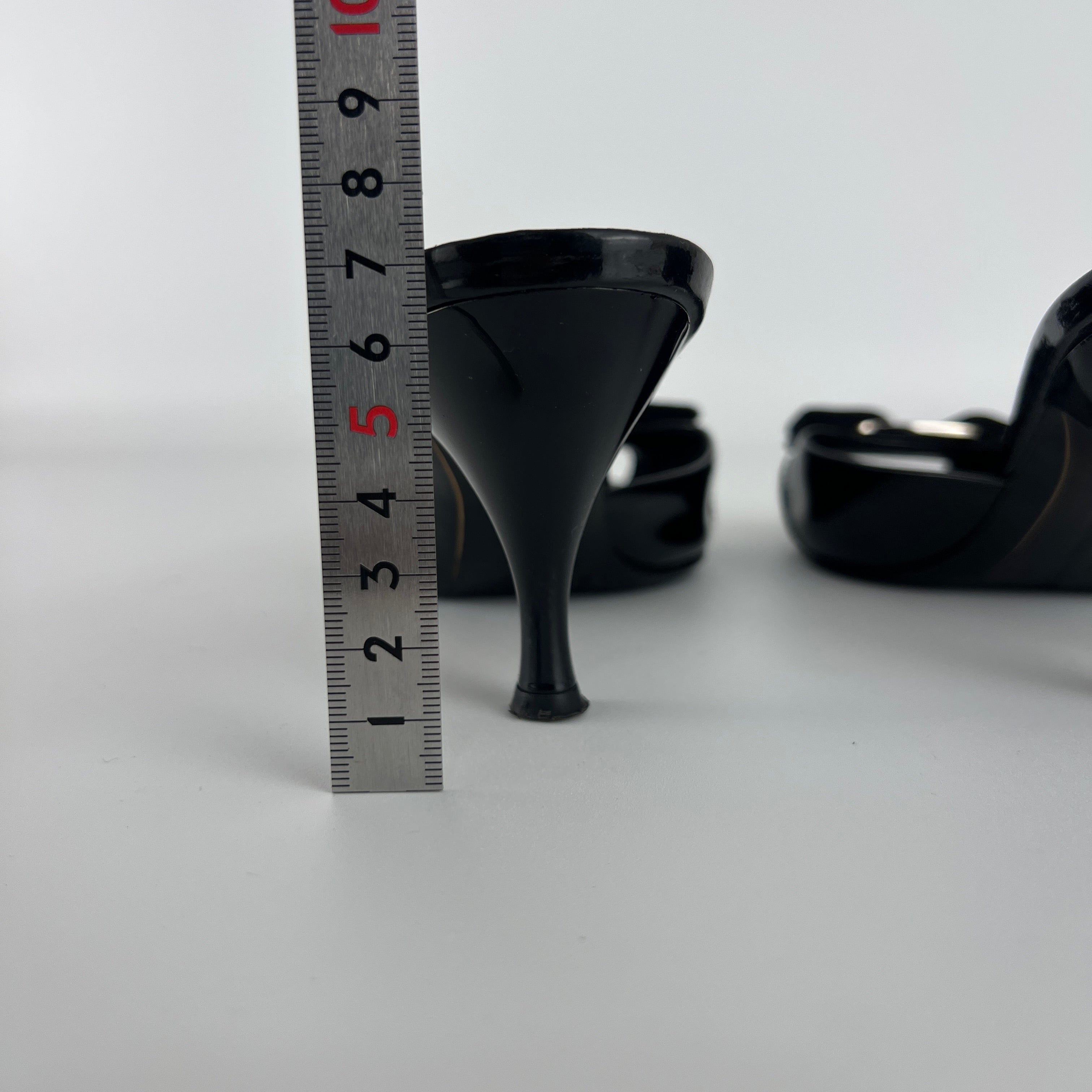 Ferragamo | Vara Bow Black Patent Leather Peep Toe Sandal Slide Mules (36.5, 6.5)