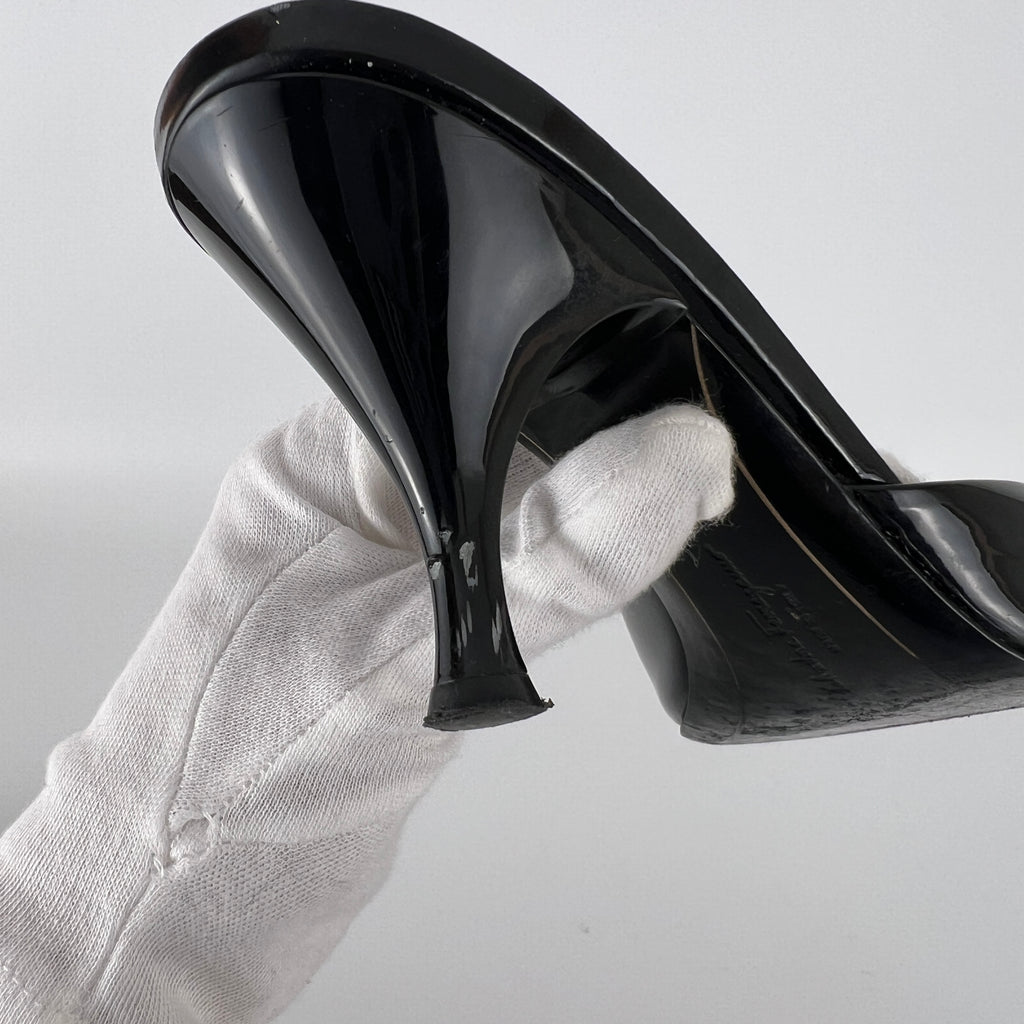 Ferragamo | Vara Bow Black Patent Leather Peep Toe Sandal Slide Mules (36.5, 6.5)