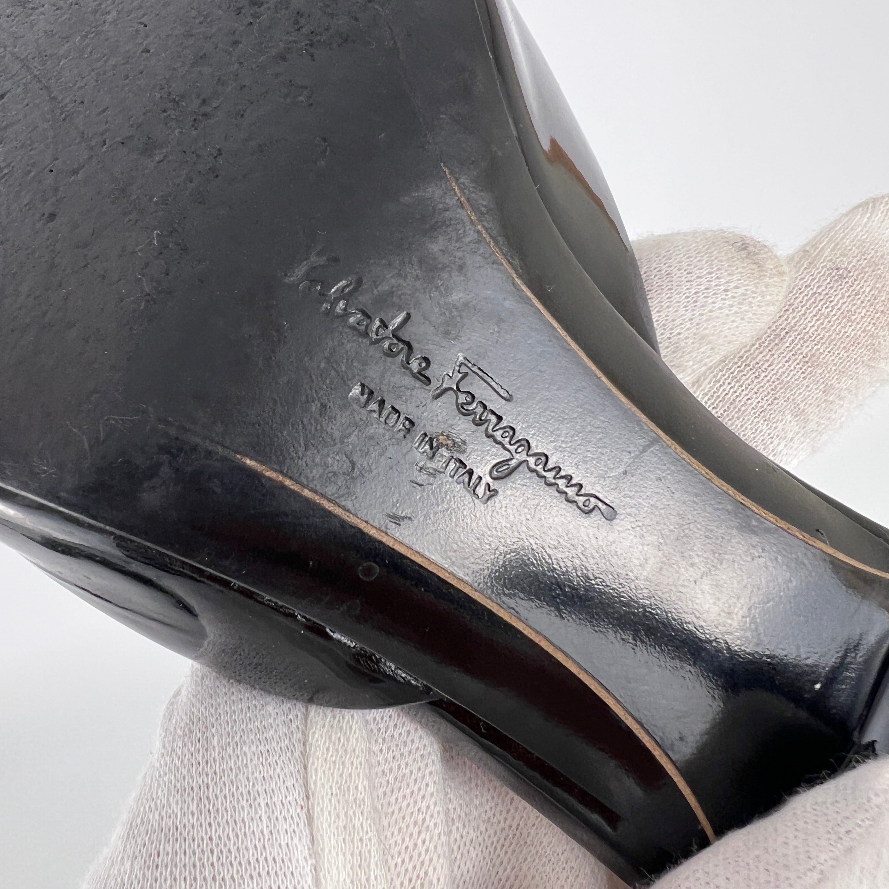Ferragamo | Vara Bow Black Patent Leather Peep Toe Sandal Slide Mules (36.5, 6.5)