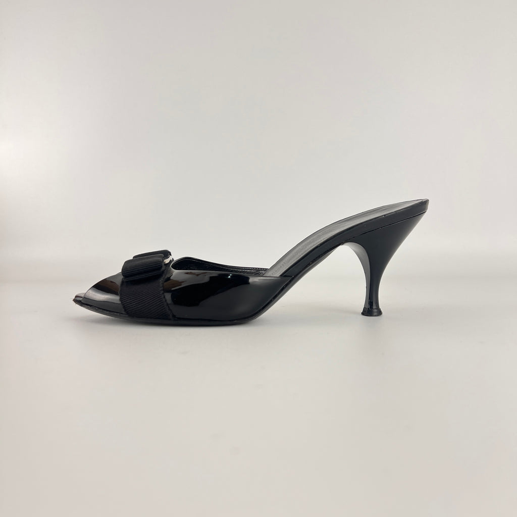 Ferragamo | Vara Bow Black Patent Leather Peep Toe Sandal Slide Mules (36.5, 6.5)