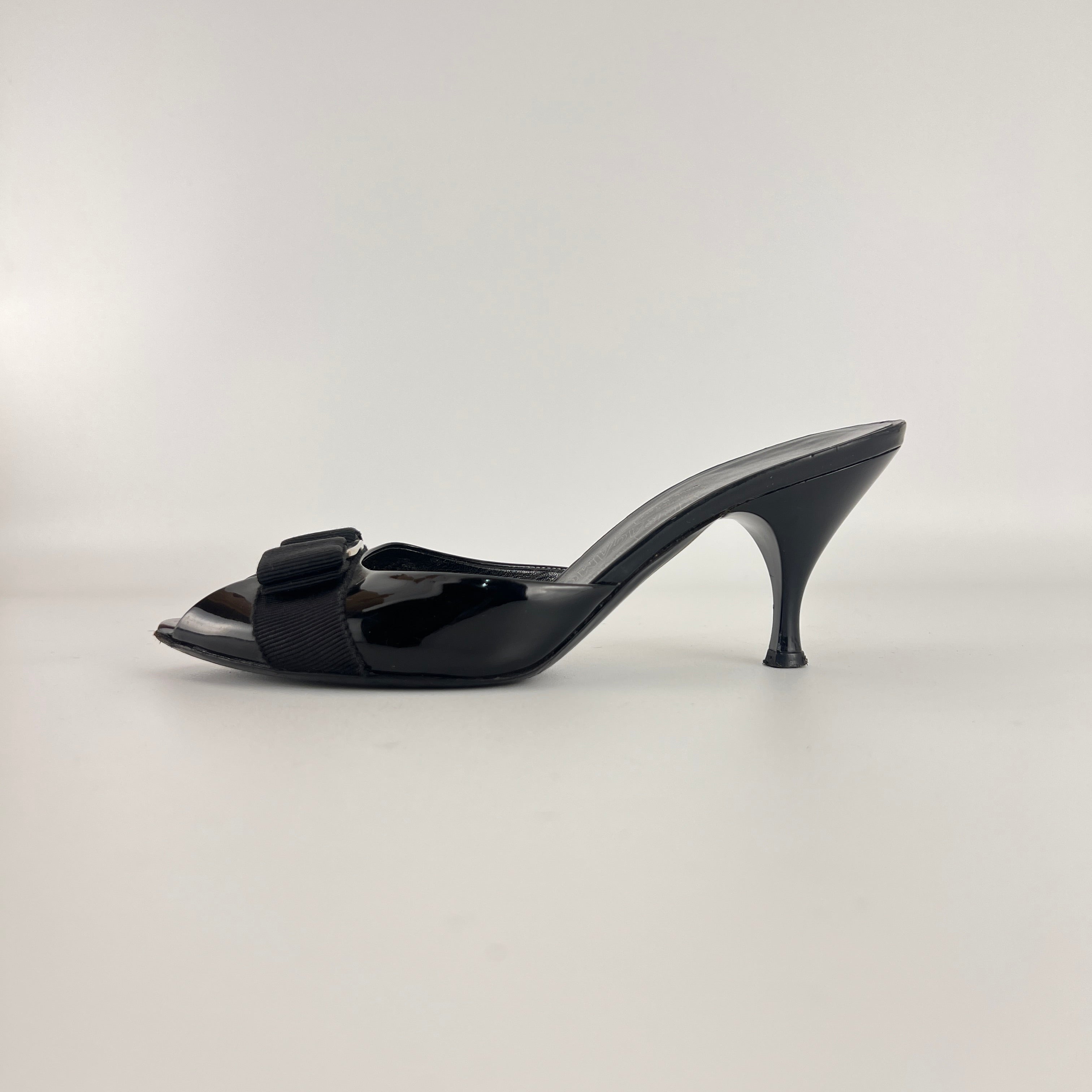 Ferragamo | Vara Bow Black Patent Leather Peep Toe Sandal Slide Mules (36.5, 6.5)