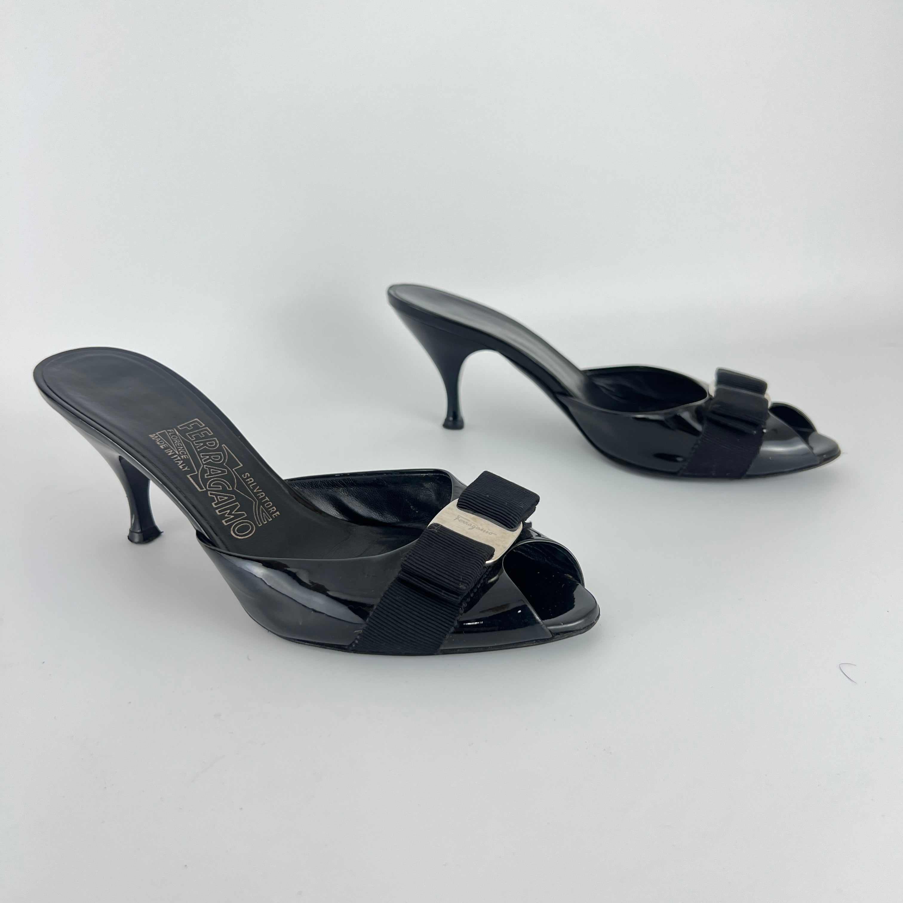 Ferragamo | Vara Bow Black Patent Leather Peep Toe Sandal Slide Mules (36.5, 6.5)