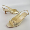 Ferragamo | Metallic Gold Leather Bow Peep Toe Slingback Kitten Heels (5.5 / 35.5)