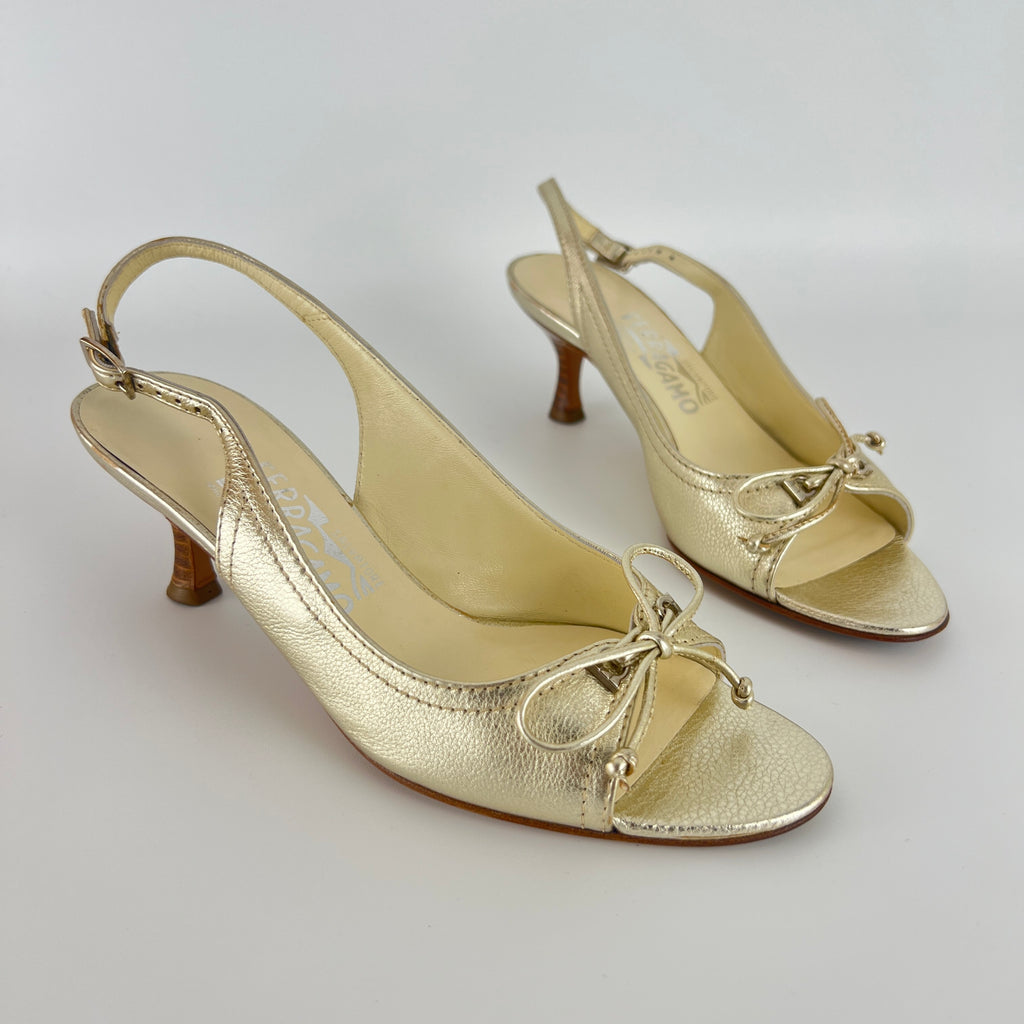 Ferragamo | Metallic Gold Leather Bow Peep Toe Slingback Kitten Heels (5.5 / 35.5)