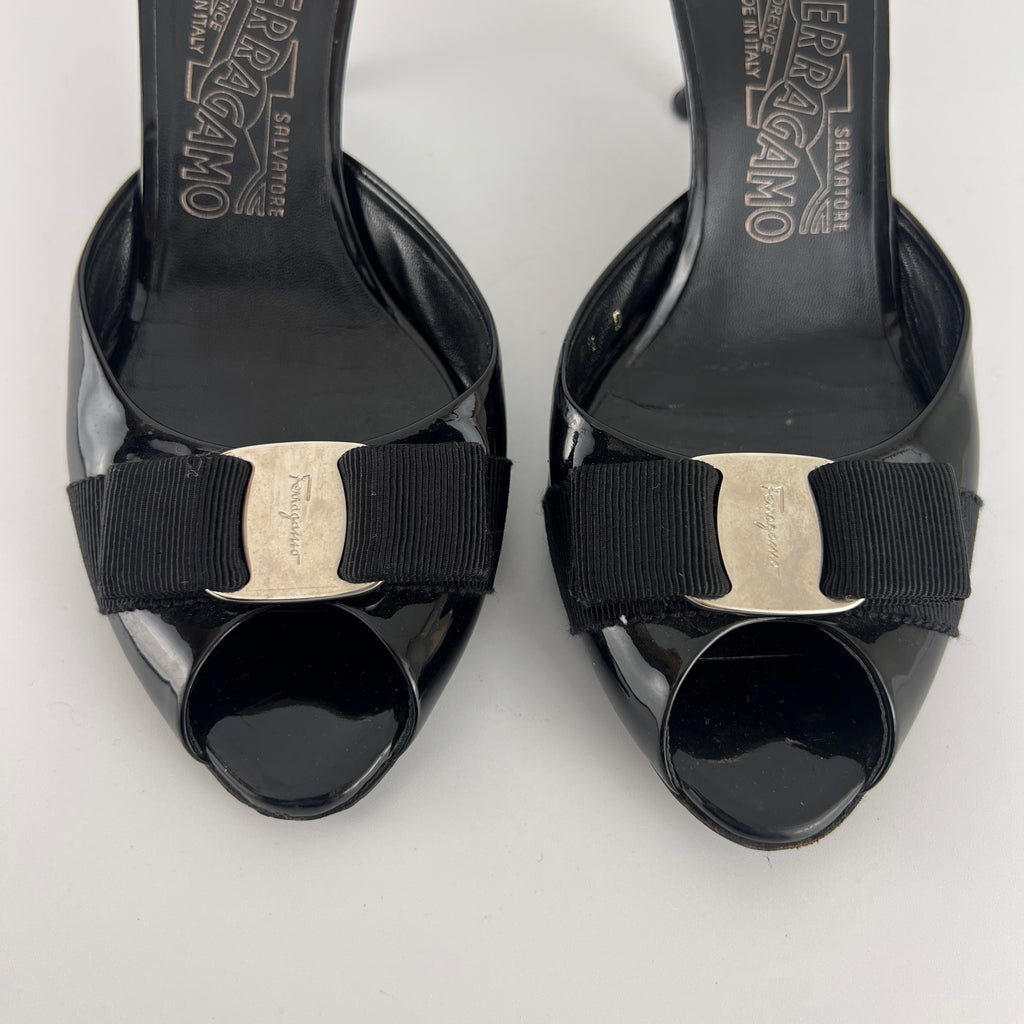Ferragamo | Vara Bow Black Patent Leather Peep Toe Sandal Slide Mules (36.5, 6.5)