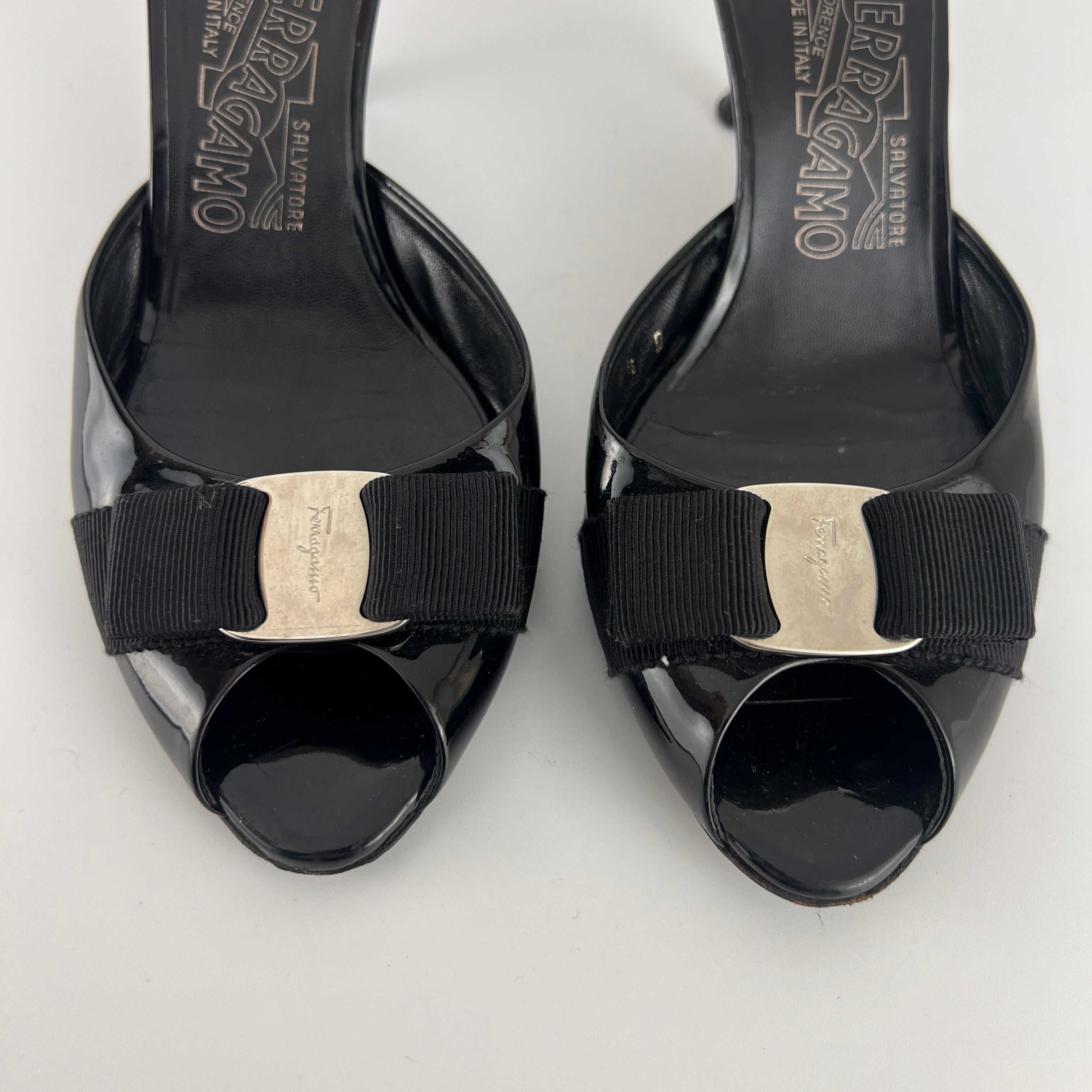 Ferragamo | Vara Bow Black Patent Leather Peep Toe Sandal Slide Mules (36.5, 6.5)