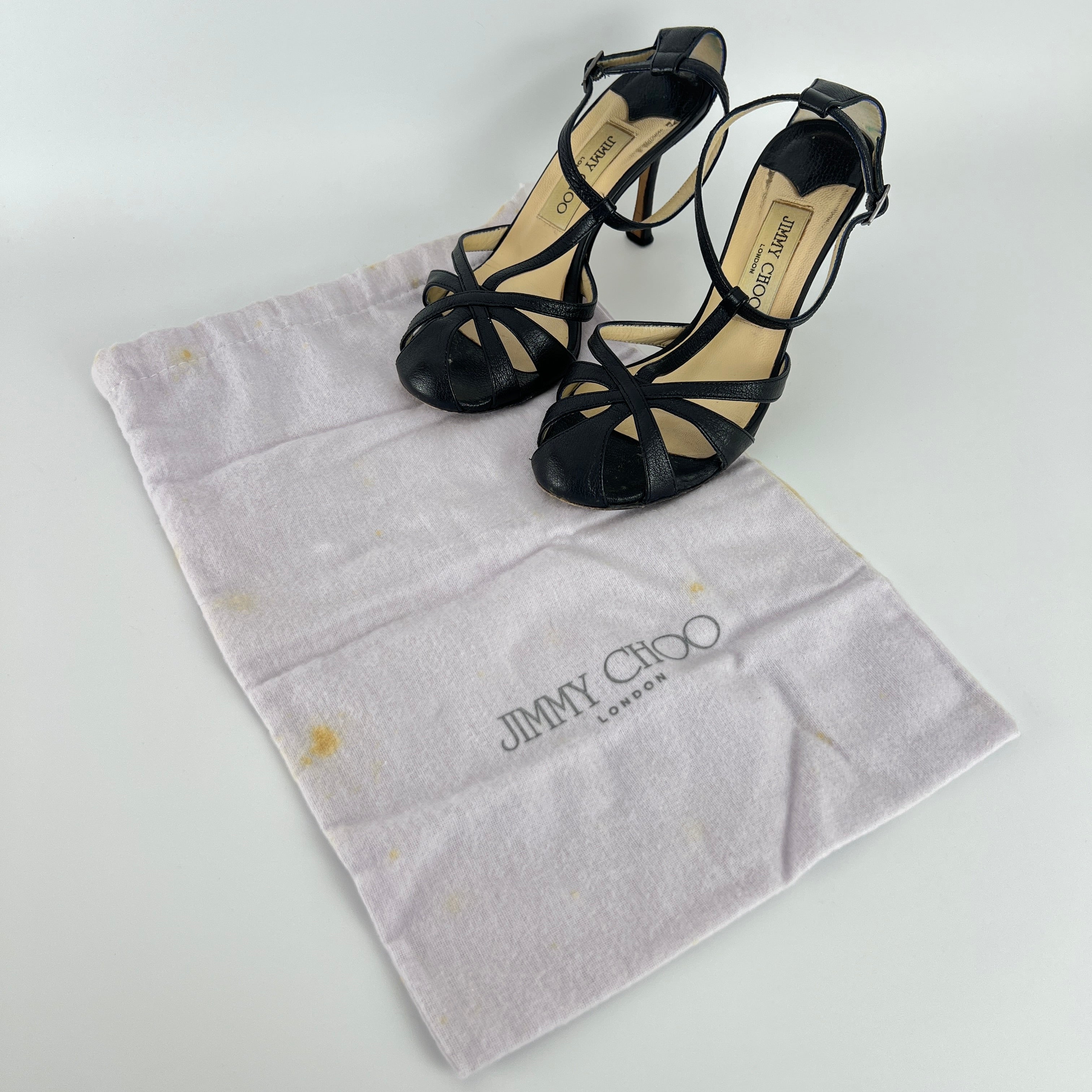 Jimmy Choo | Black Leather Strappy T-Strap Sandal Stiletto Heels (36.5)