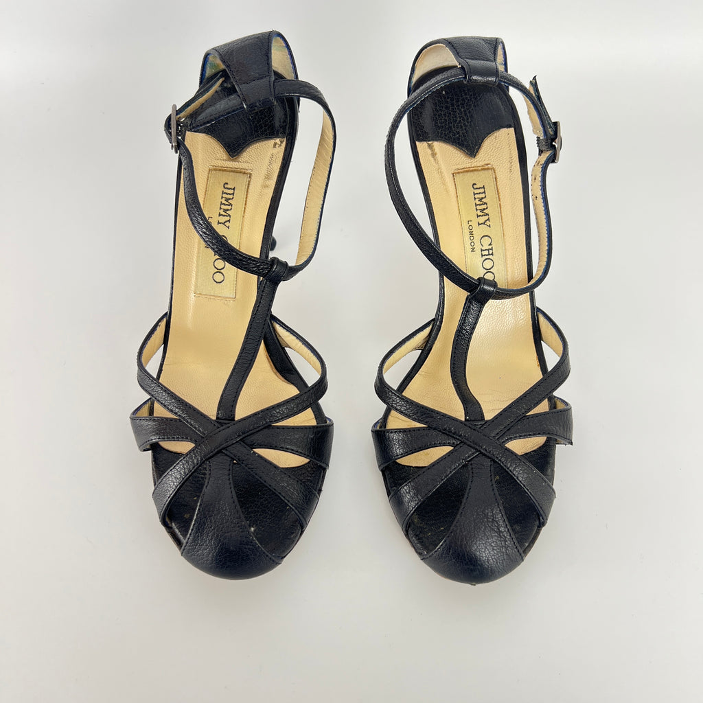 Jimmy Choo | Black Leather Strappy T-Strap Sandal Stiletto Heels (36.5)