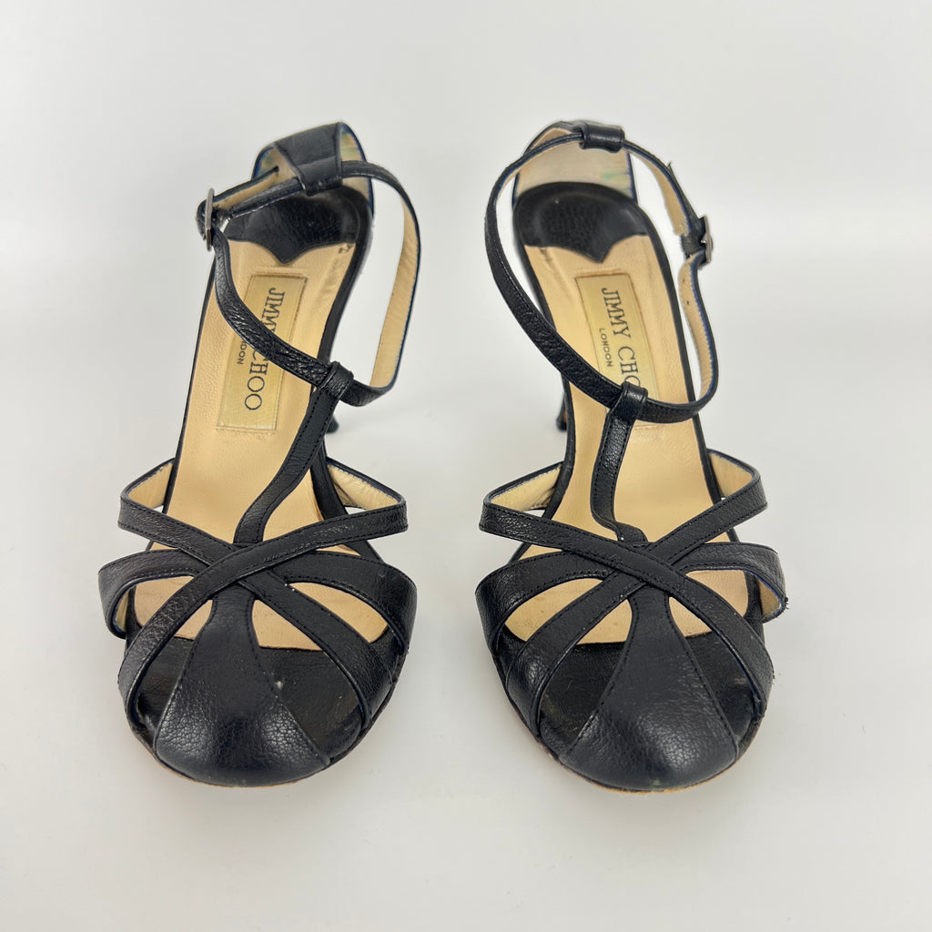 Jimmy Choo | Black Leather Strappy T-Strap Sandal Stiletto Heels (36.5)