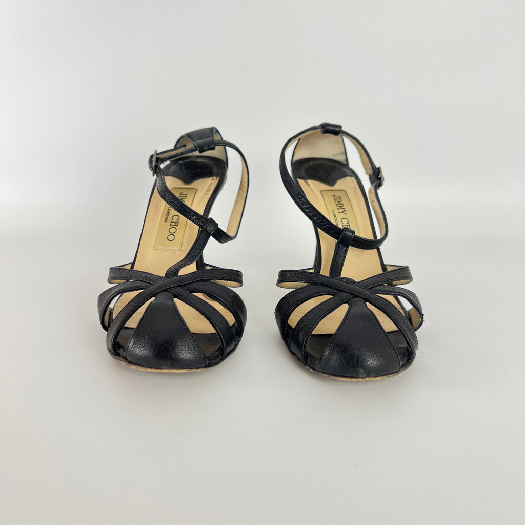 Jimmy Choo | Black Leather Strappy T-Strap Sandal Stiletto Heels (36.5)
