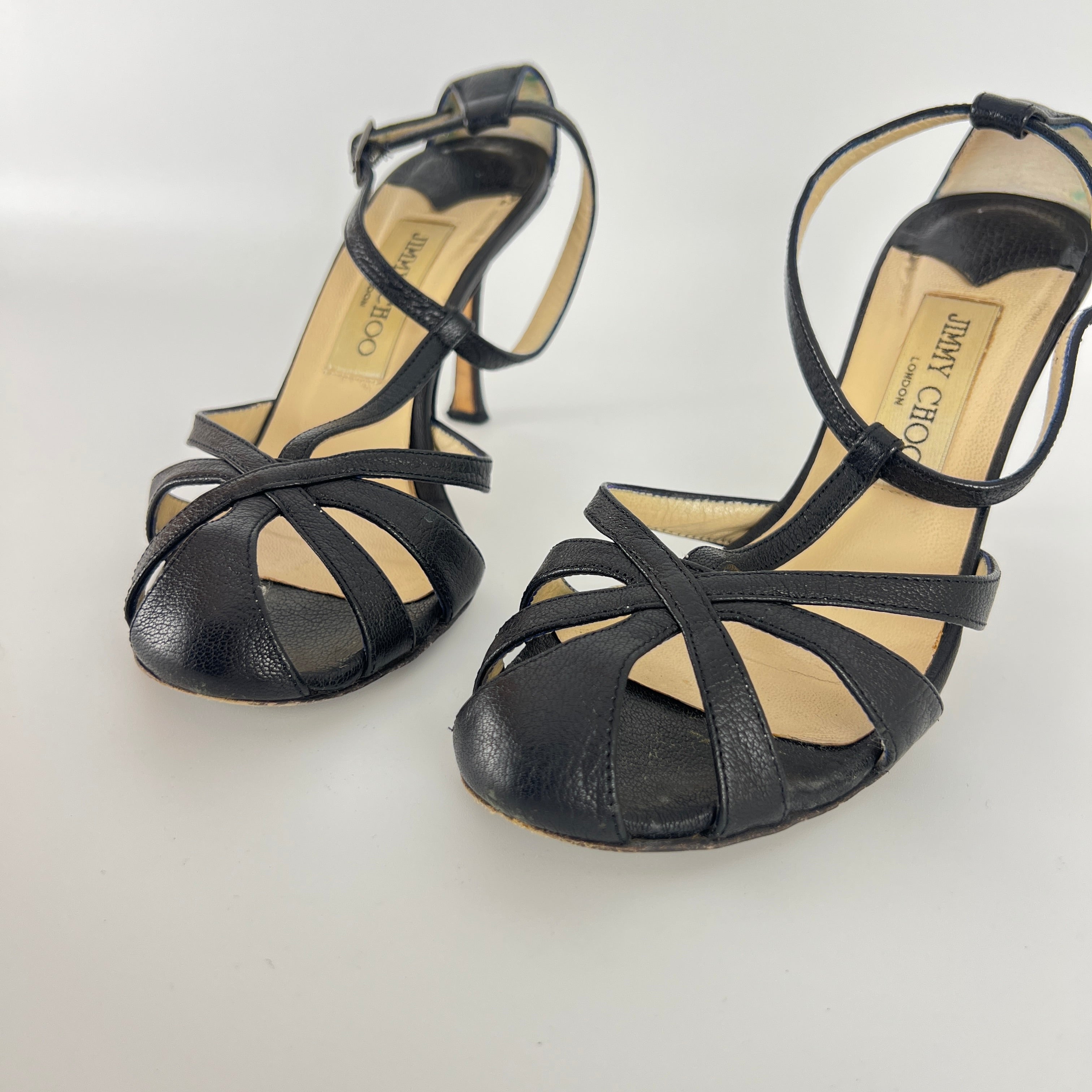 Jimmy Choo | Black Leather Strappy T-Strap Sandal Stiletto Heels (36.5)