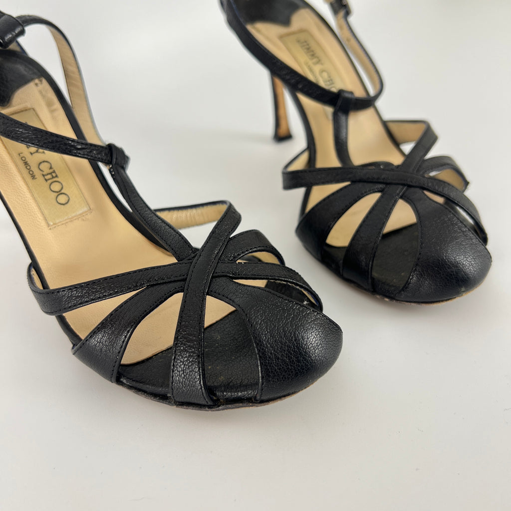 Jimmy Choo | Black Leather Strappy T-Strap Sandal Stiletto Heels (36.5)