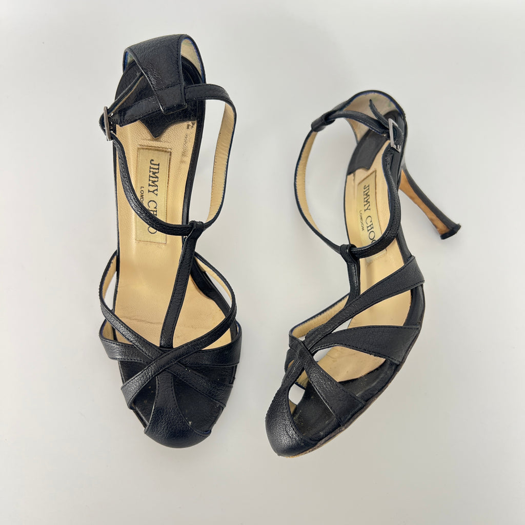 Jimmy Choo | Black Leather Strappy T-Strap Sandal Stiletto Heels (36.5)