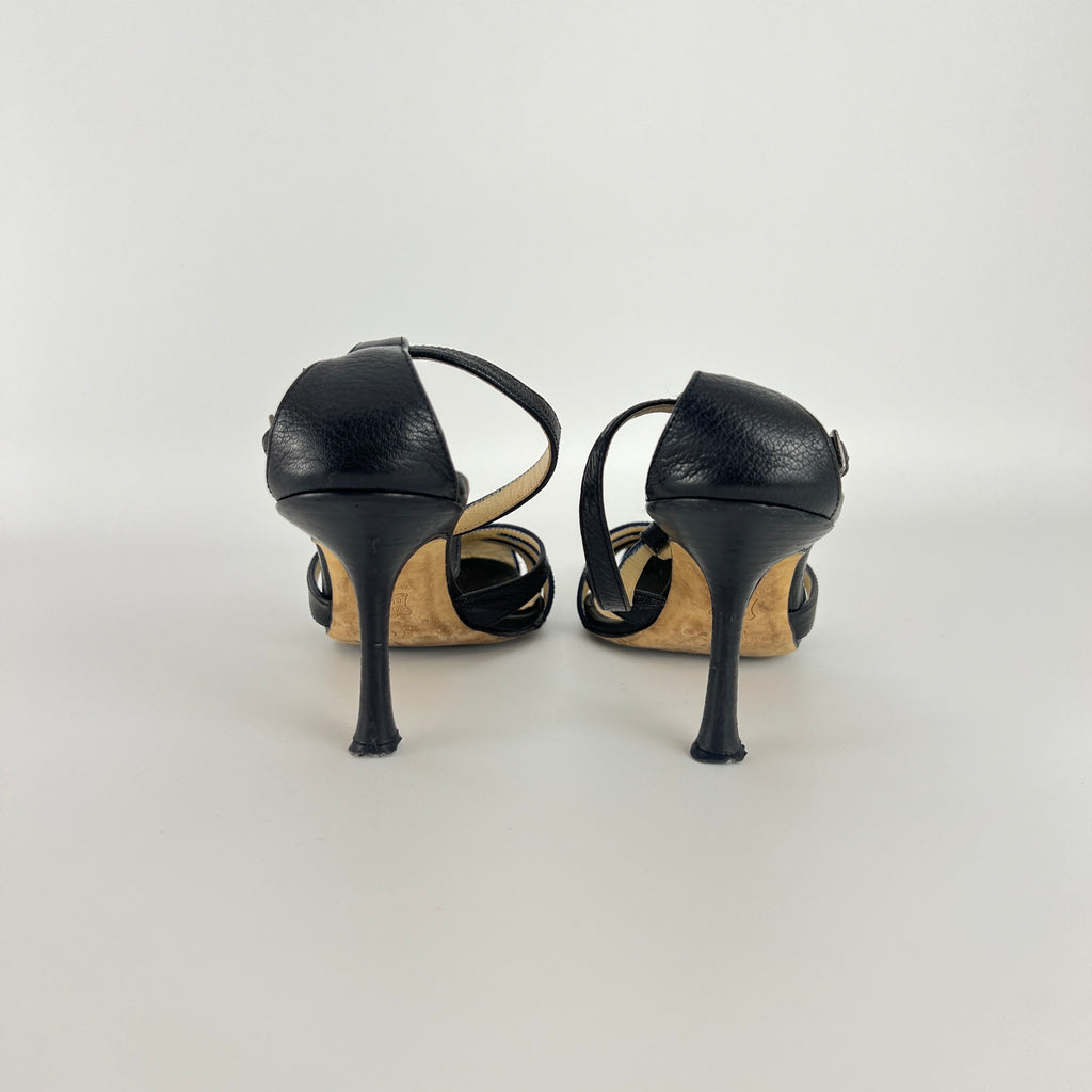 Jimmy Choo | Black Leather Strappy T-Strap Sandal Stiletto Heels (36.5)
