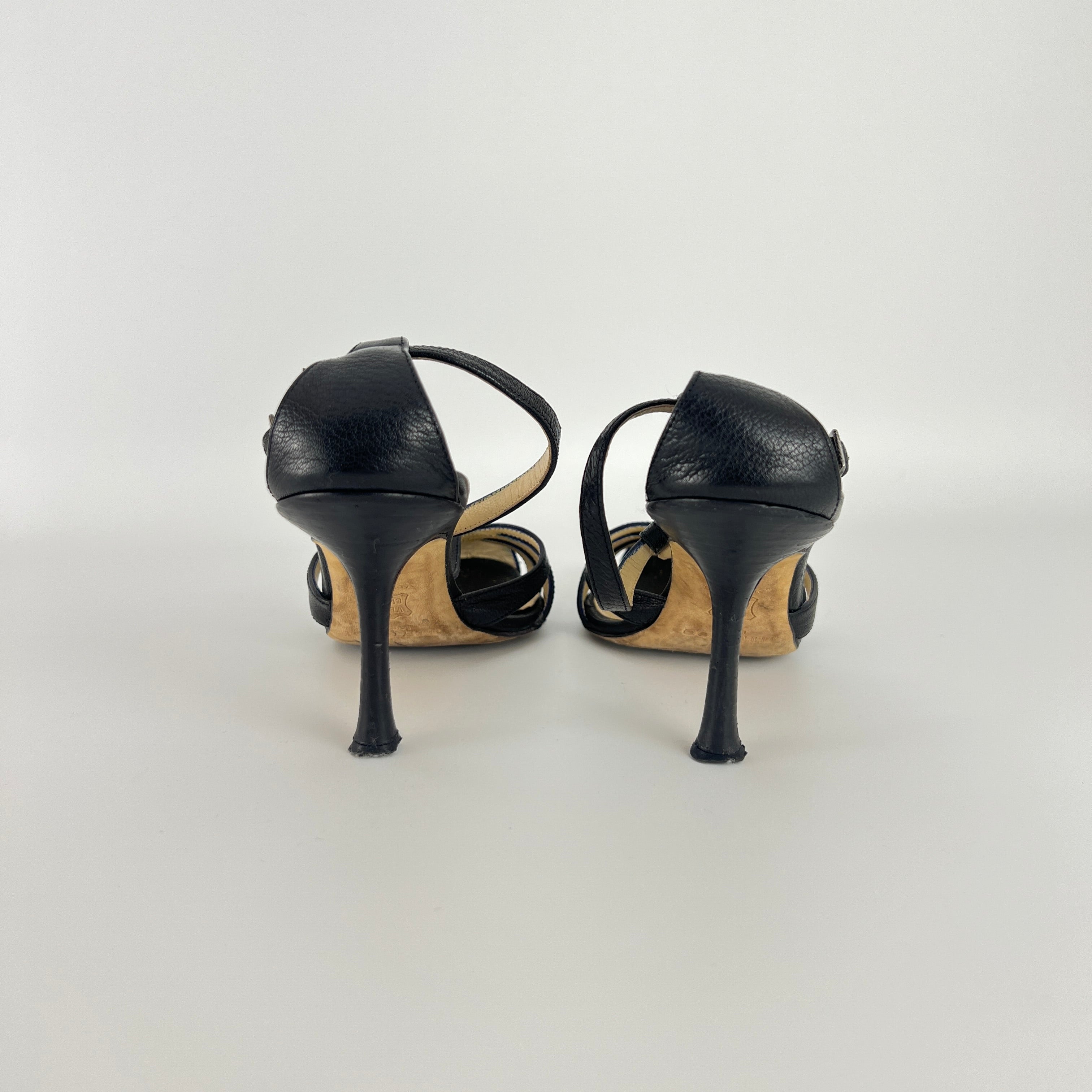 Jimmy Choo | Black Leather Strappy T-Strap Sandal Stiletto Heels (36.5)