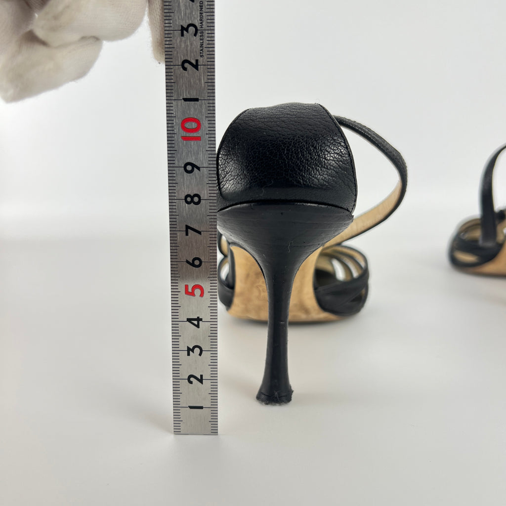 Jimmy Choo | Black Leather Strappy T-Strap Sandal Stiletto Heels (36.5)