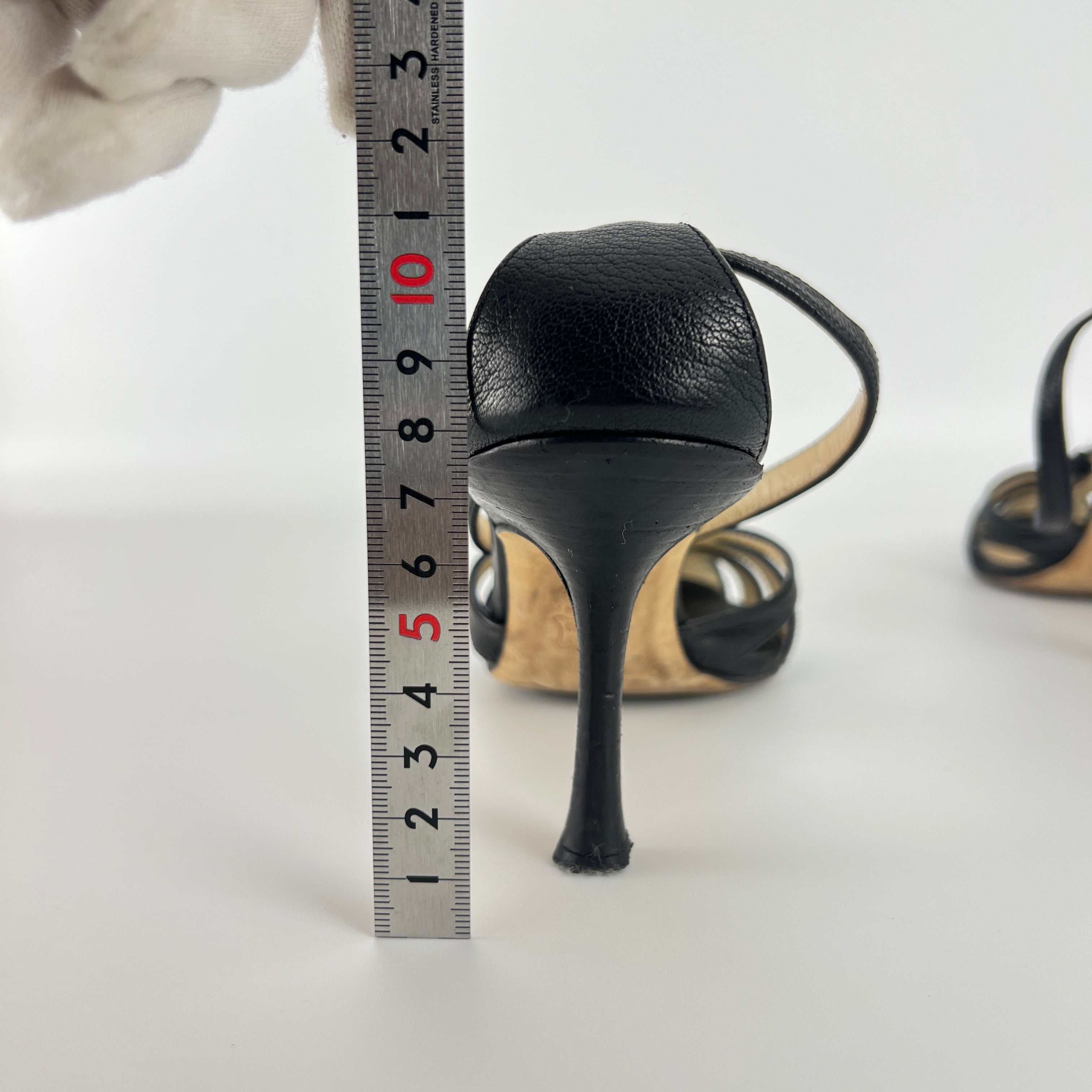 Jimmy Choo | Black Leather Strappy T-Strap Sandal Stiletto Heels (36.5)