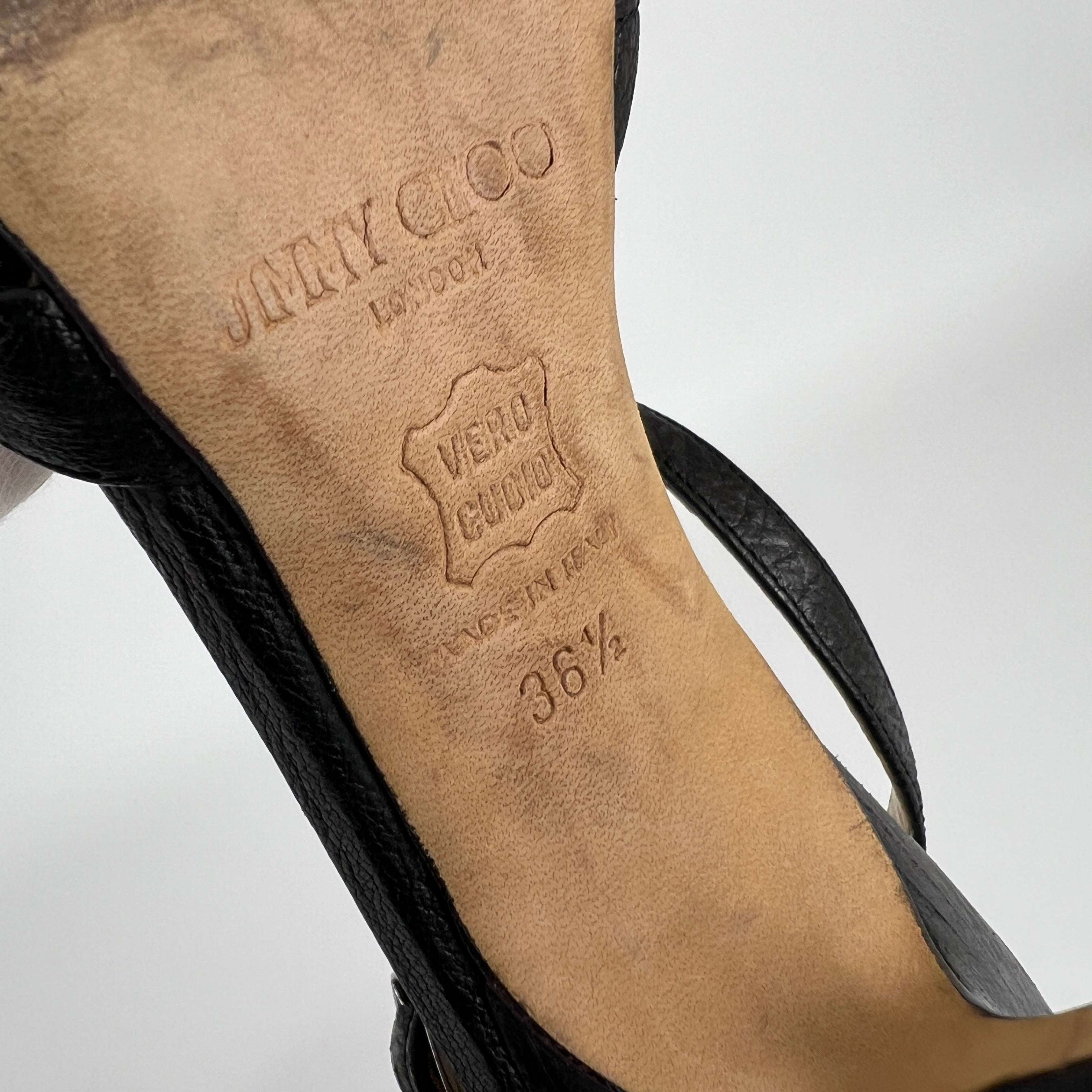 Jimmy Choo | Black Leather Strappy T-Strap Sandal Stiletto Heels (36.5)