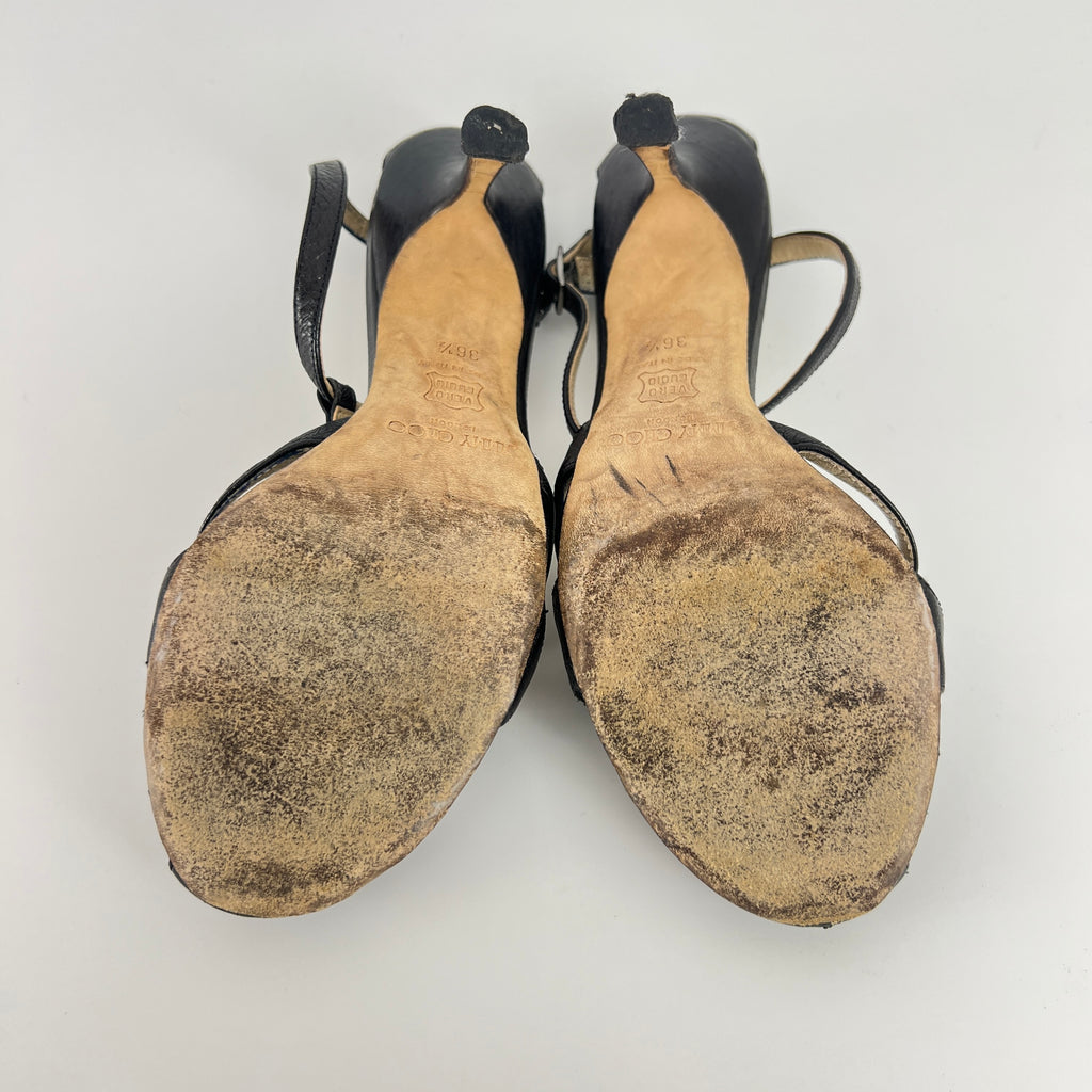Jimmy Choo | Black Leather Strappy T-Strap Sandal Stiletto Heels (36.5)