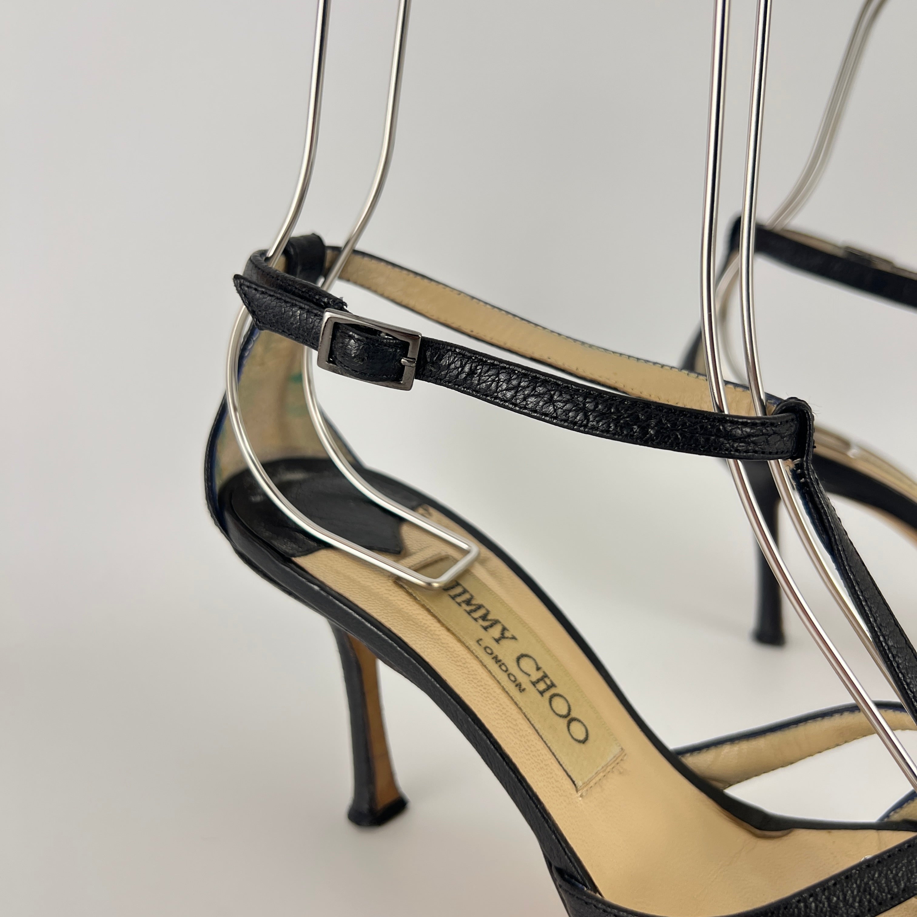 Jimmy Choo | Black Leather Strappy T-Strap Sandal Stiletto Heels (36.5)