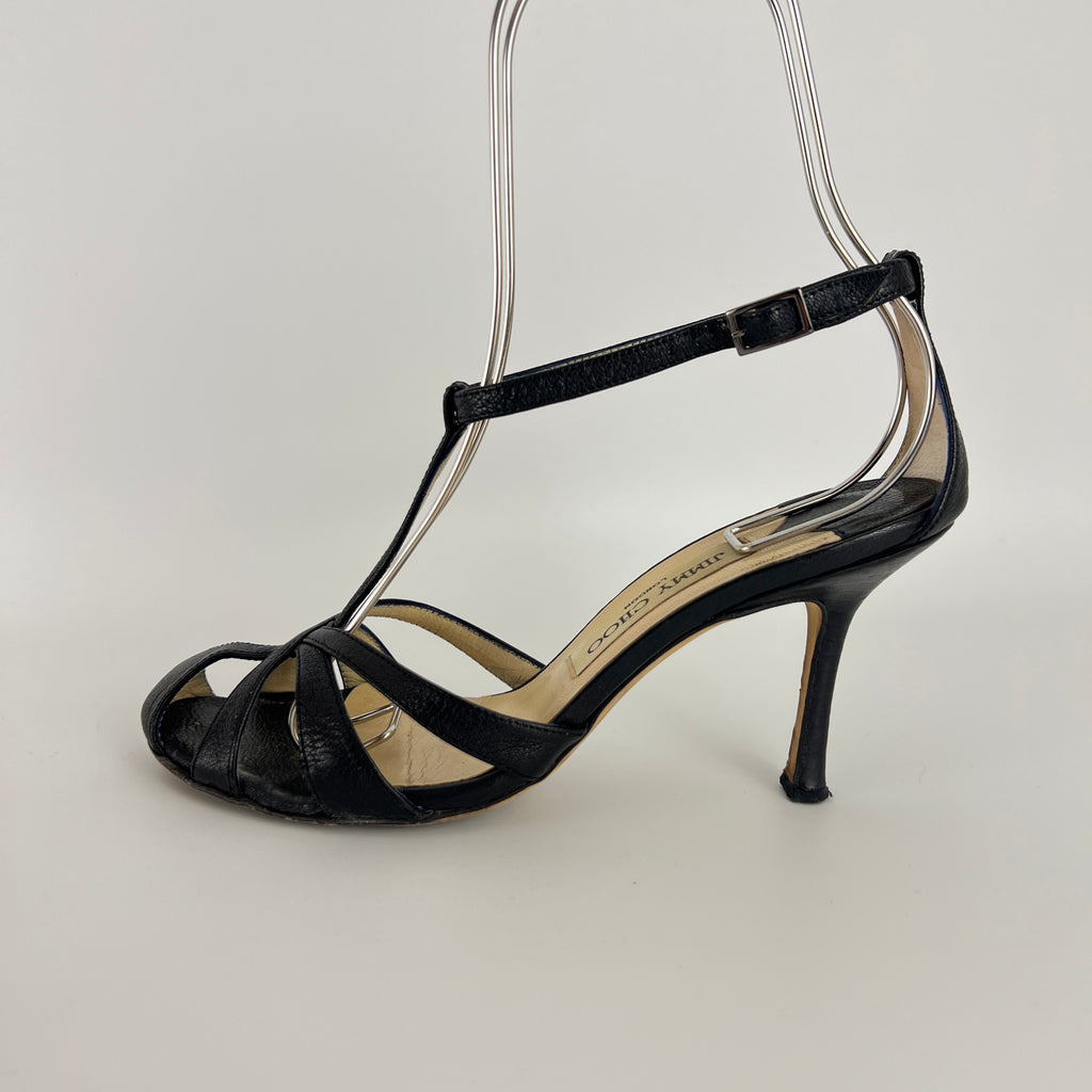 Jimmy Choo | Black Leather Strappy T-Strap Sandal Stiletto Heels (36.5)