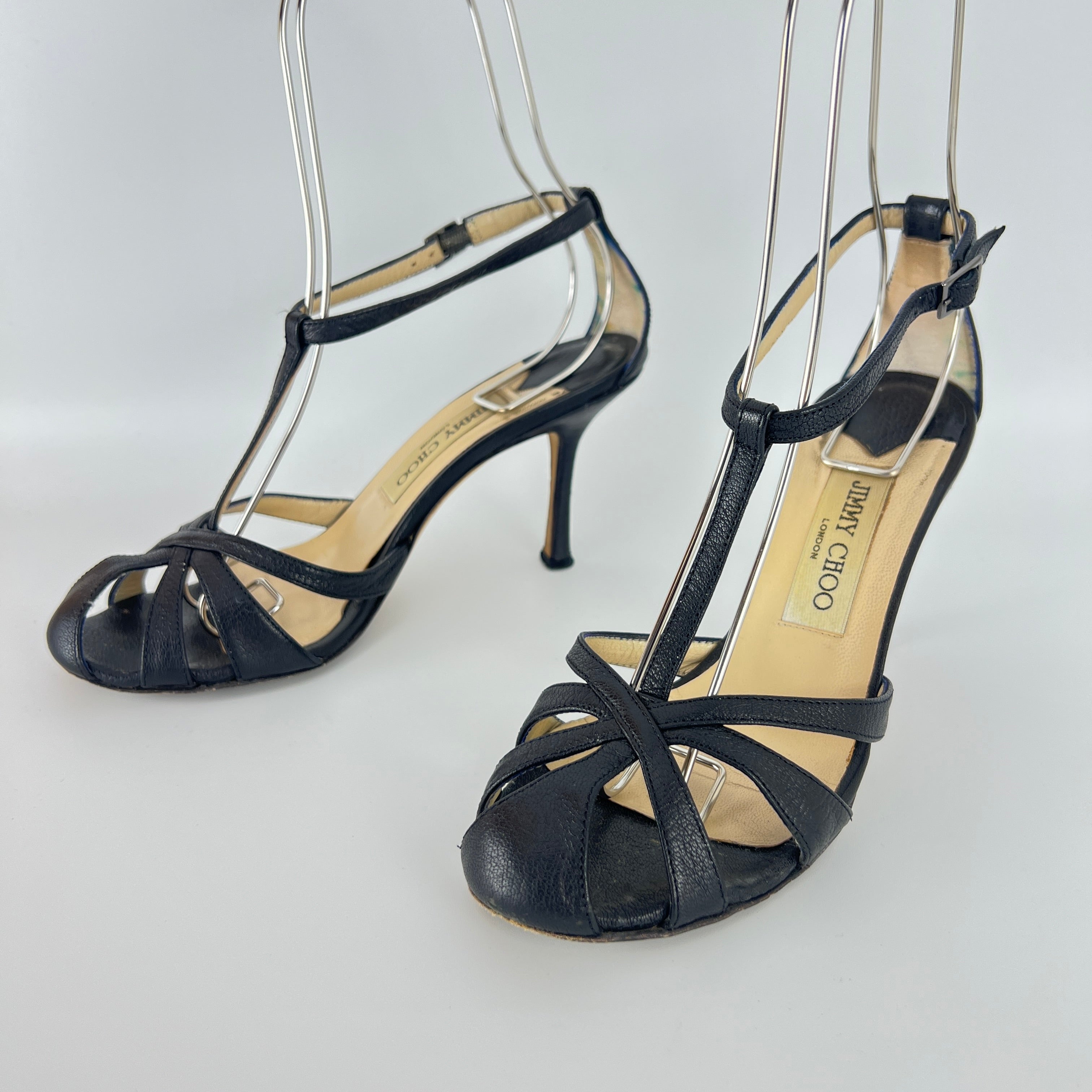 Jimmy Choo | Black Leather Strappy T-Strap Sandal Stiletto Heels (36.5)