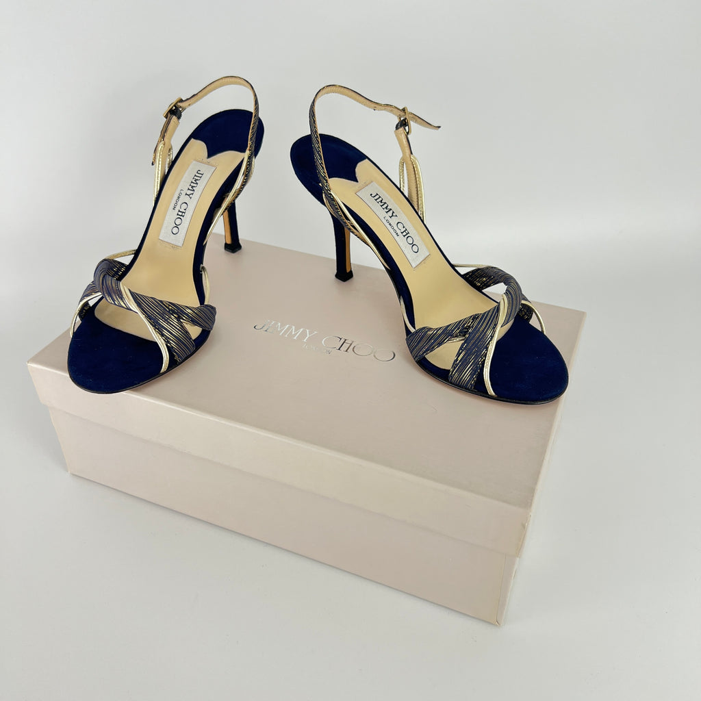 Jimmy Choo | Remi Gold Blue Silk Suede Leather Sandal Slingback Heels (35)