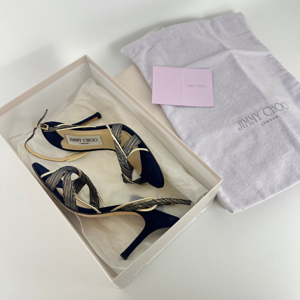 Jimmy Choo | Remi Gold Blue Silk Suede Leather Sandal Slingback Heels (35)