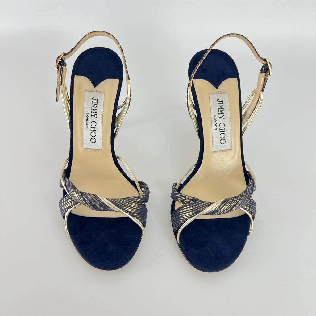 Jimmy Choo | Remi Gold Blue Silk Suede Leather Sandal Slingback Heels (35)