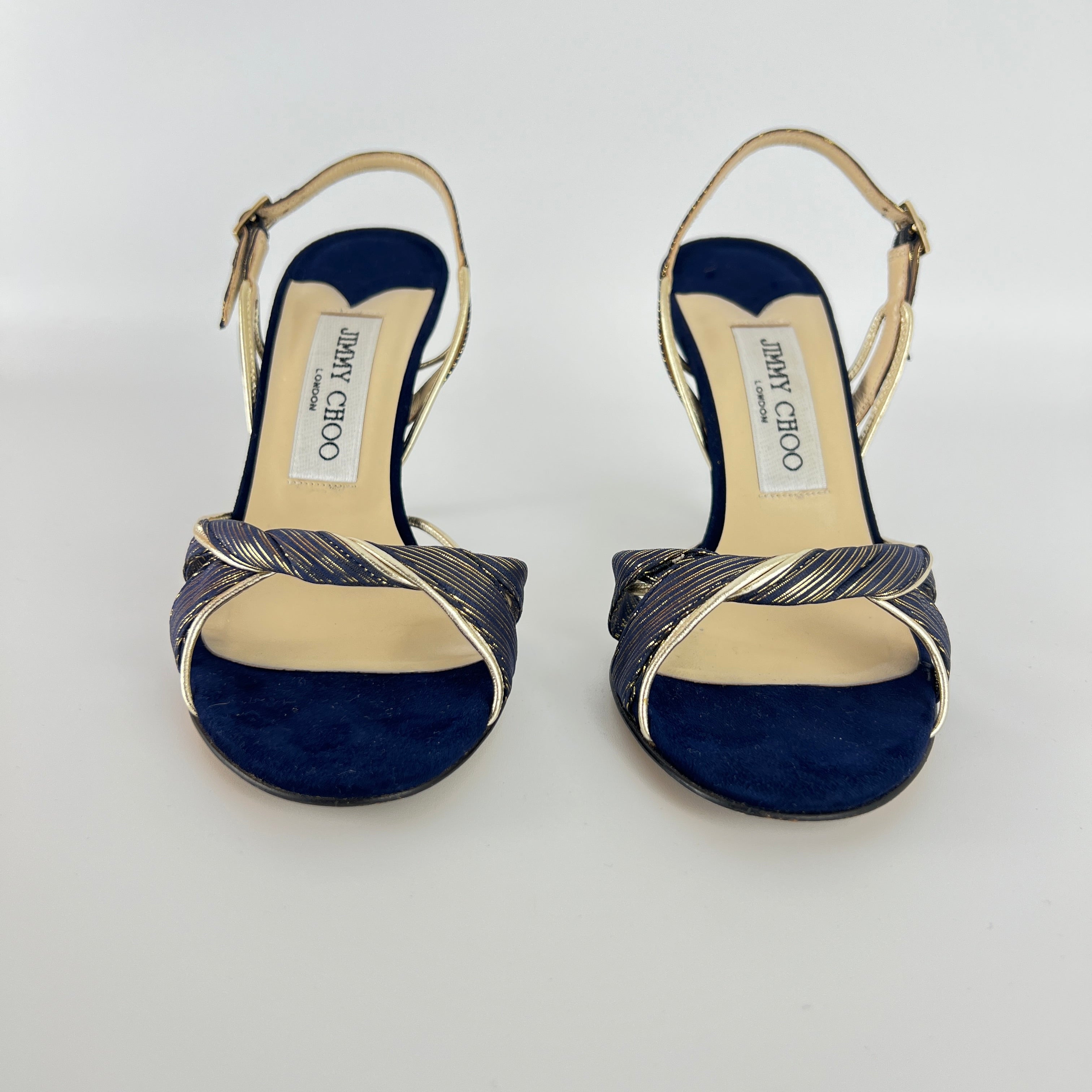 Jimmy Choo | Remi Gold Blue Silk Suede Leather Sandal Slingback Heels (35)