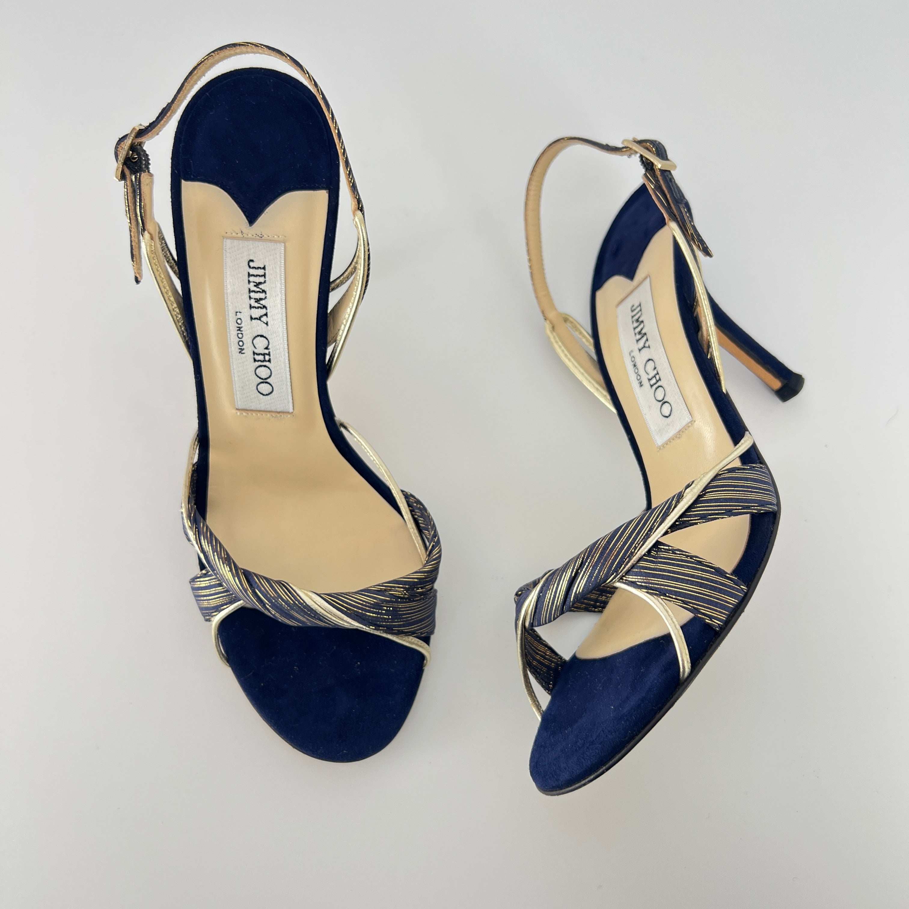 Jimmy Choo | Remi Gold Blue Silk Suede Leather Sandal Slingback Heels (35)
