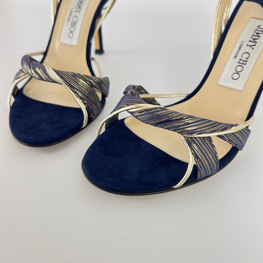 Jimmy Choo | Remi Gold Blue Silk Suede Leather Sandal Slingback Heels (35)