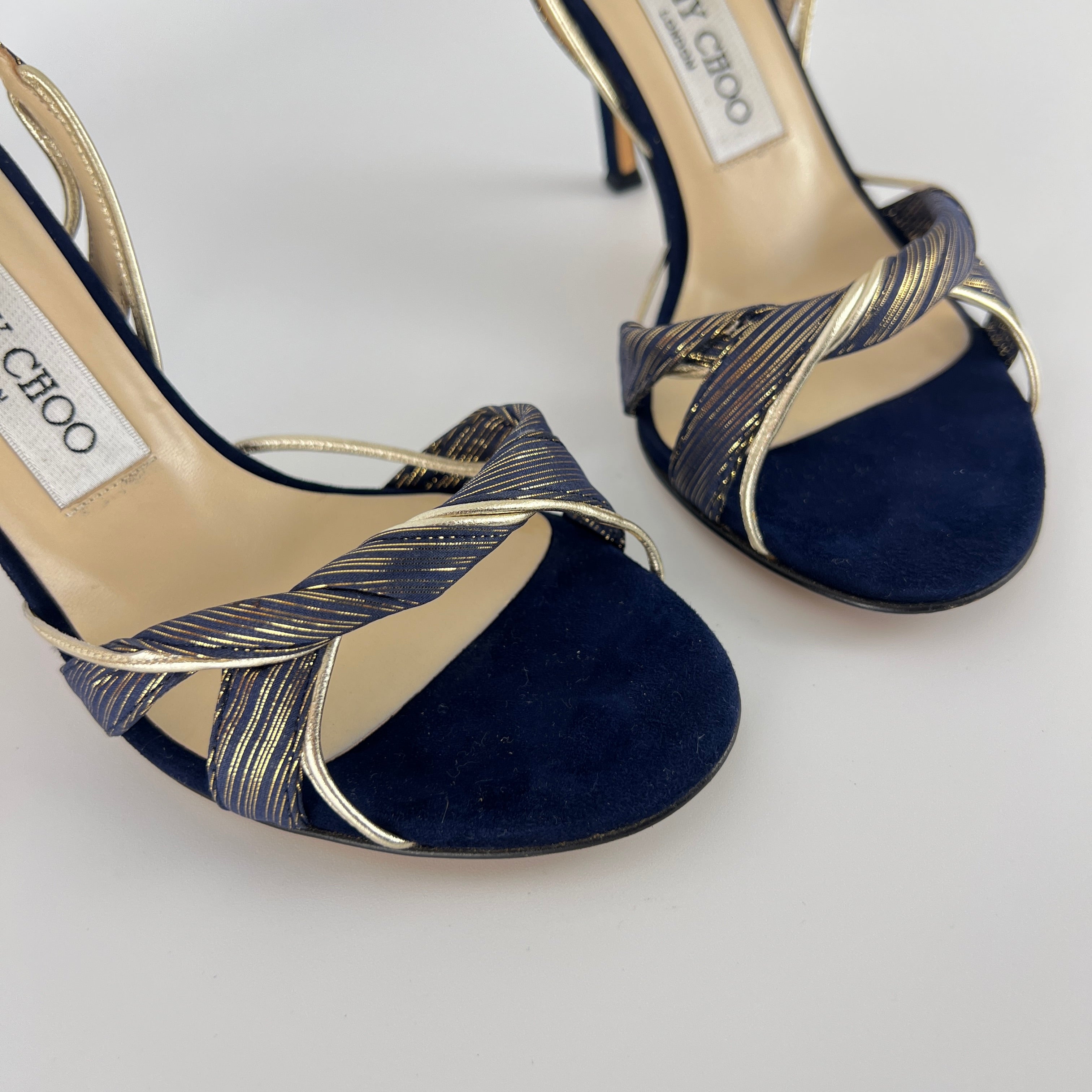 Jimmy Choo | Remi Gold Blue Silk Suede Leather Sandal Slingback Heels (35)