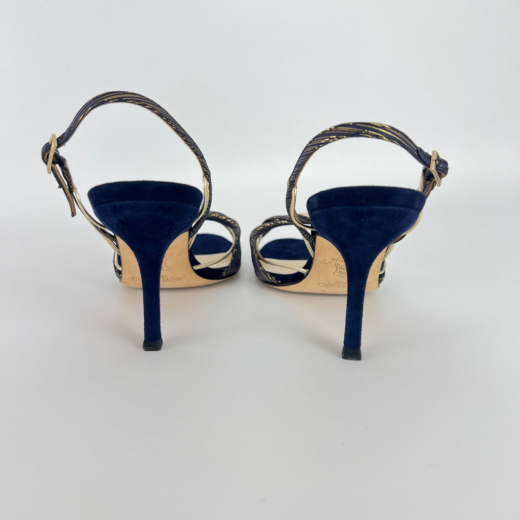 Jimmy Choo | Remi Gold Blue Silk Suede Leather Sandal Slingback Heels (35)