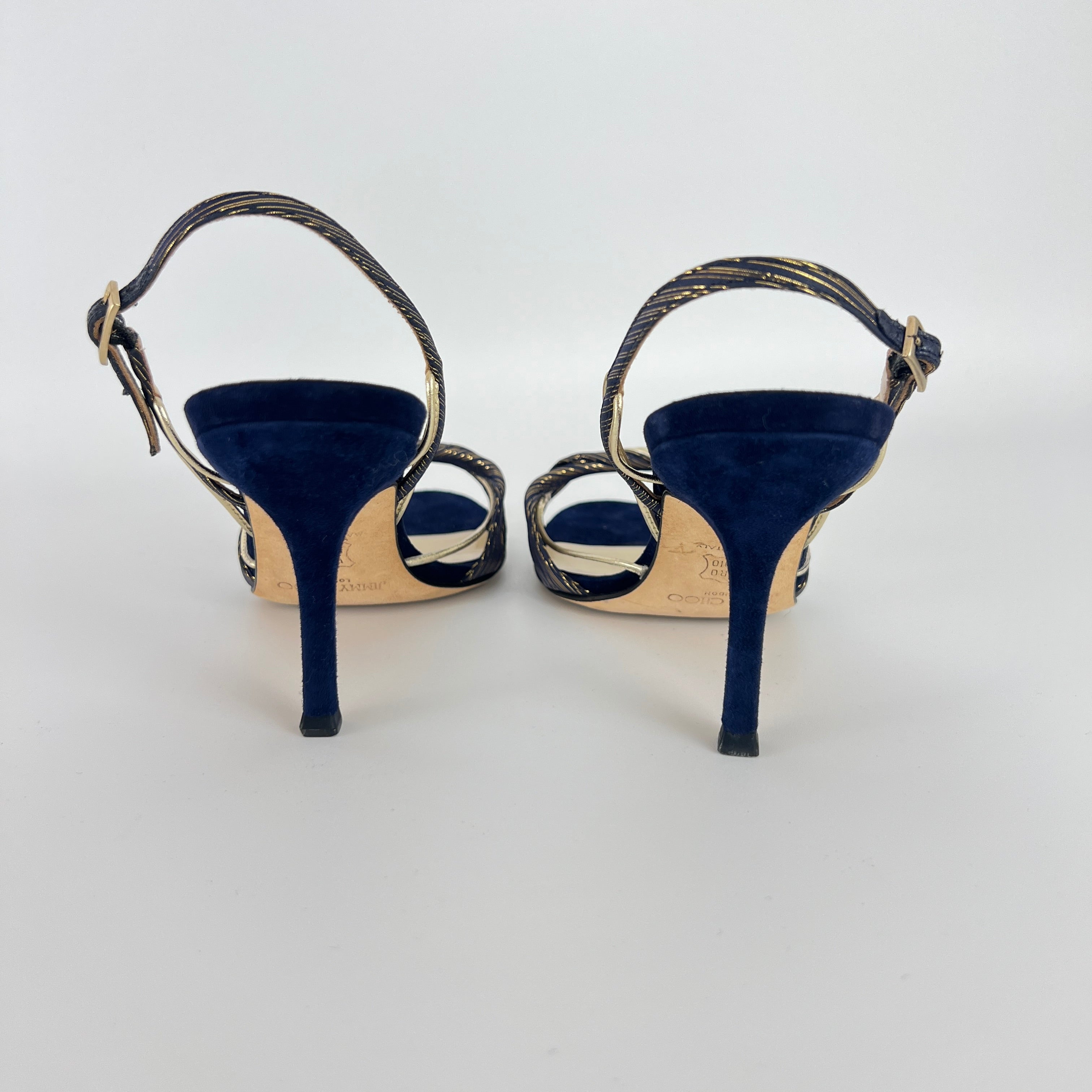 Jimmy Choo | Remi Gold Blue Silk Suede Leather Sandal Slingback Heels (35)