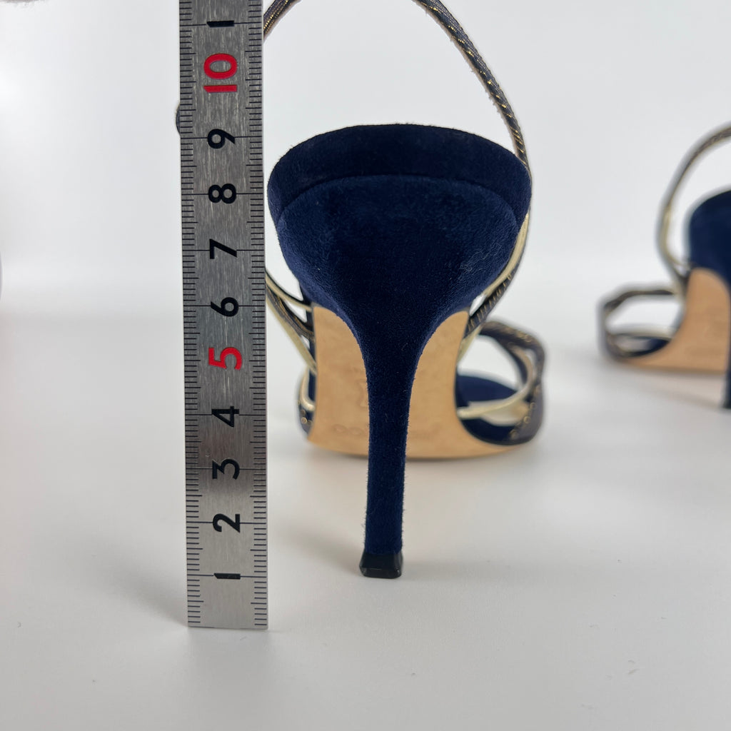 Jimmy Choo | Remi Gold Blue Silk Suede Leather Sandal Slingback Heels (35)