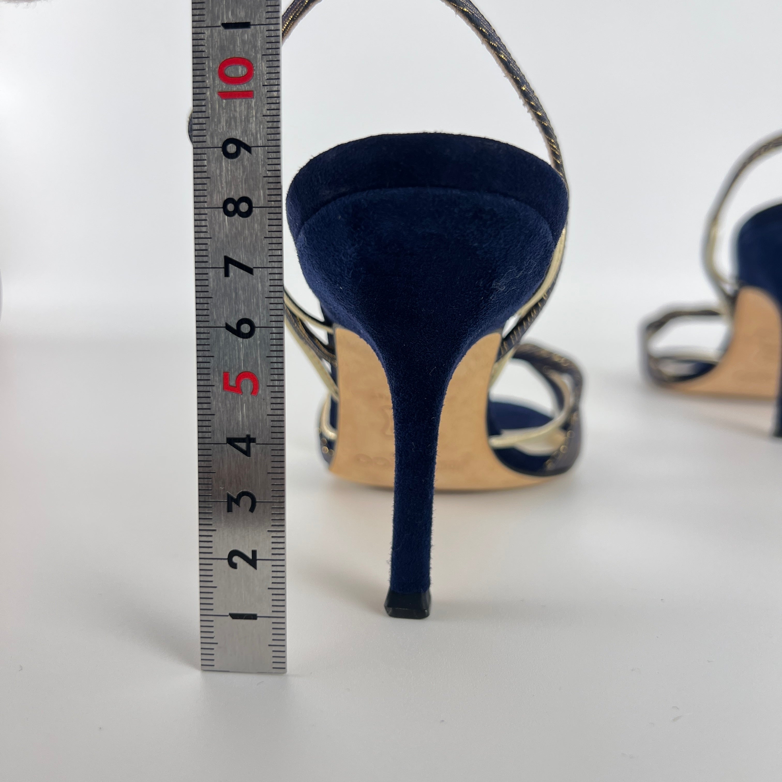 Jimmy Choo | Remi Gold Blue Silk Suede Leather Sandal Slingback Heels (35)
