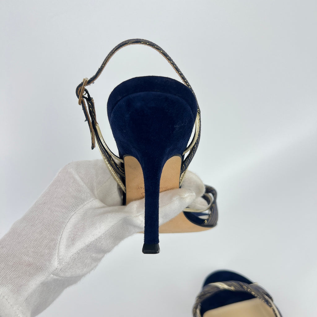 Jimmy Choo | Remi Gold Blue Silk Suede Leather Sandal Slingback Heels (35)