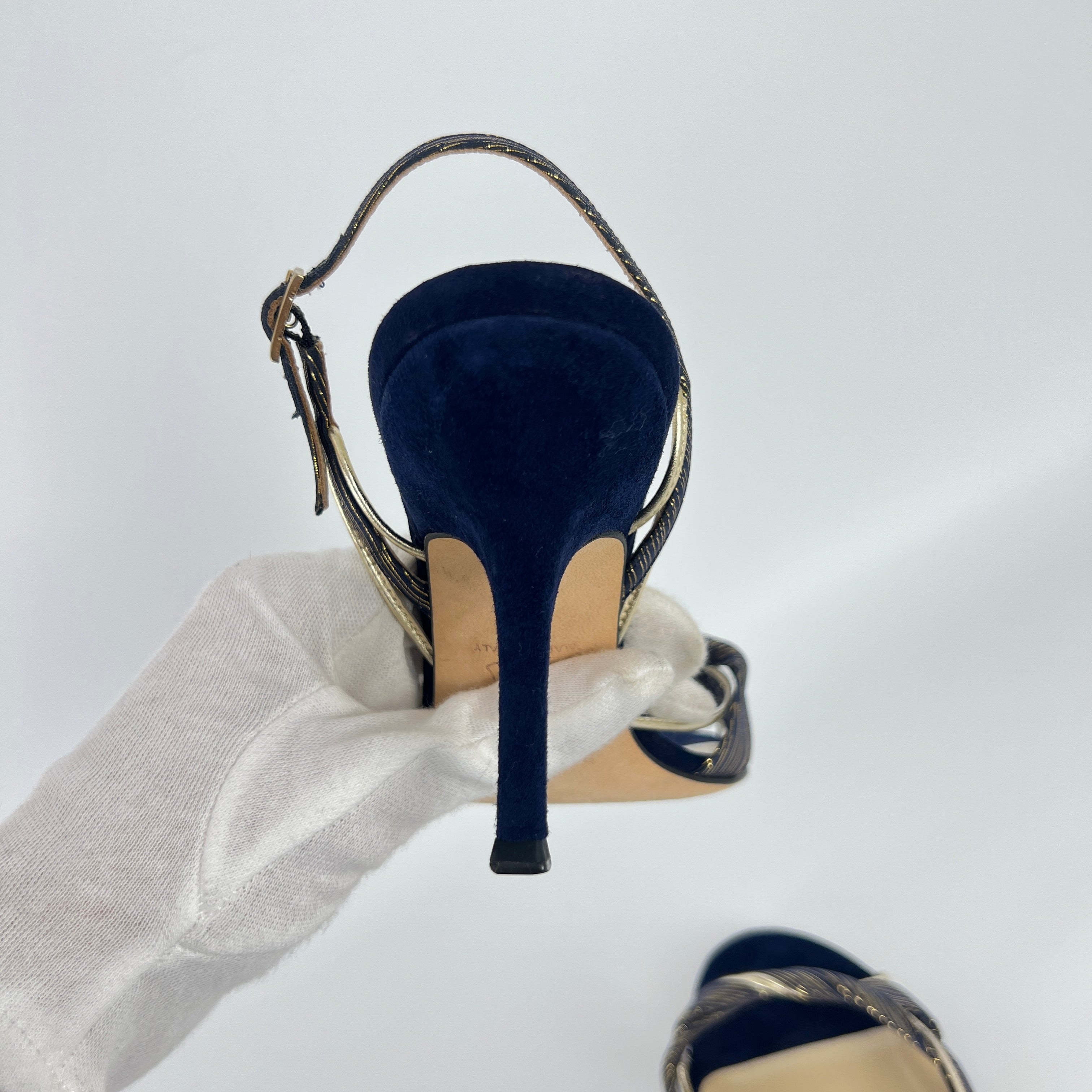 Jimmy Choo | Remi Gold Blue Silk Suede Leather Sandal Slingback Heels (35)