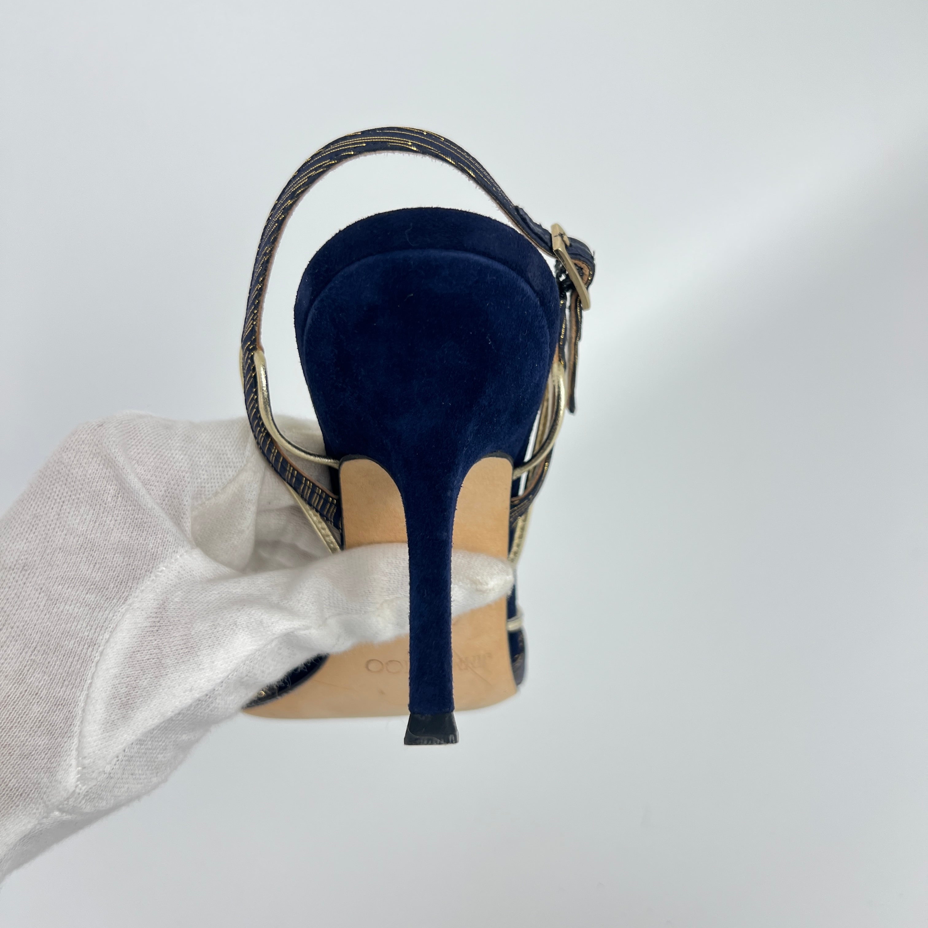 Jimmy Choo | Remi Gold Blue Silk Suede Leather Sandal Slingback Heels (35)
