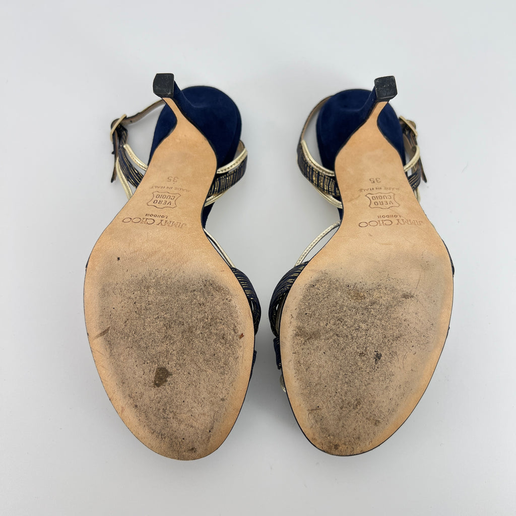Jimmy Choo | Remi Gold Blue Silk Suede Leather Sandal Slingback Heels (35)