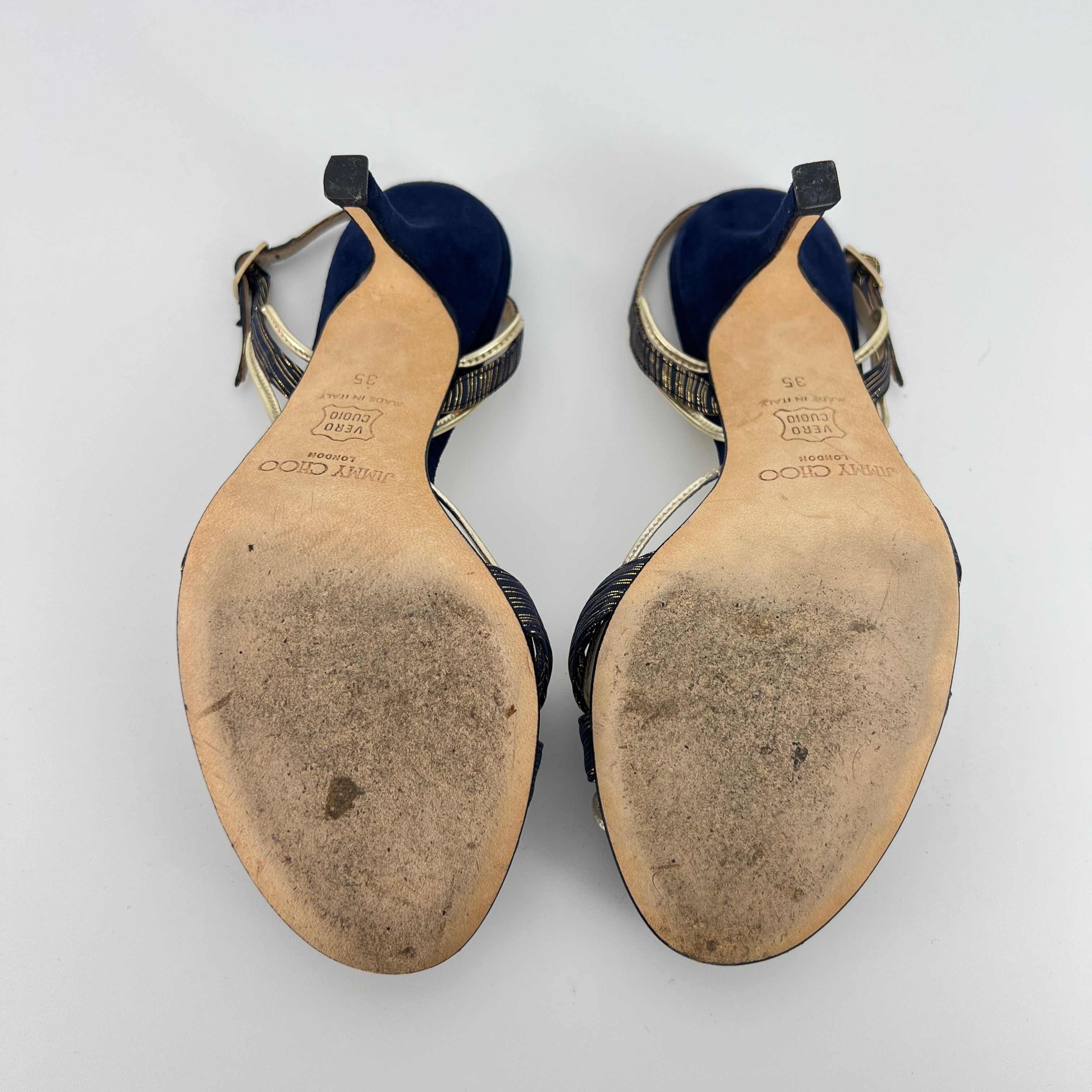 Jimmy Choo | Remi Gold Blue Silk Suede Leather Sandal Slingback Heels (35)
