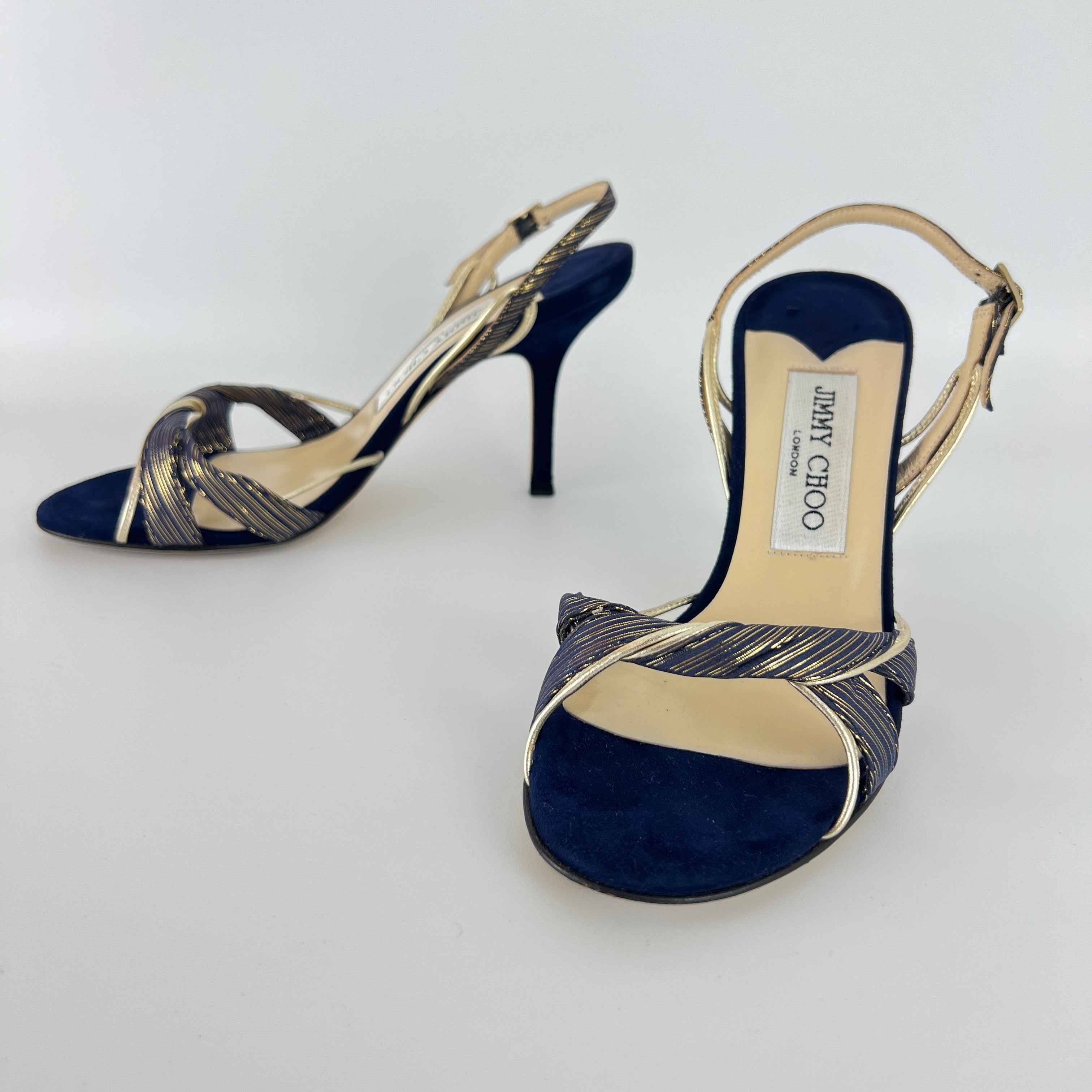 Jimmy Choo | Remi Gold Blue Silk Suede Leather Sandal Slingback Heels (35)