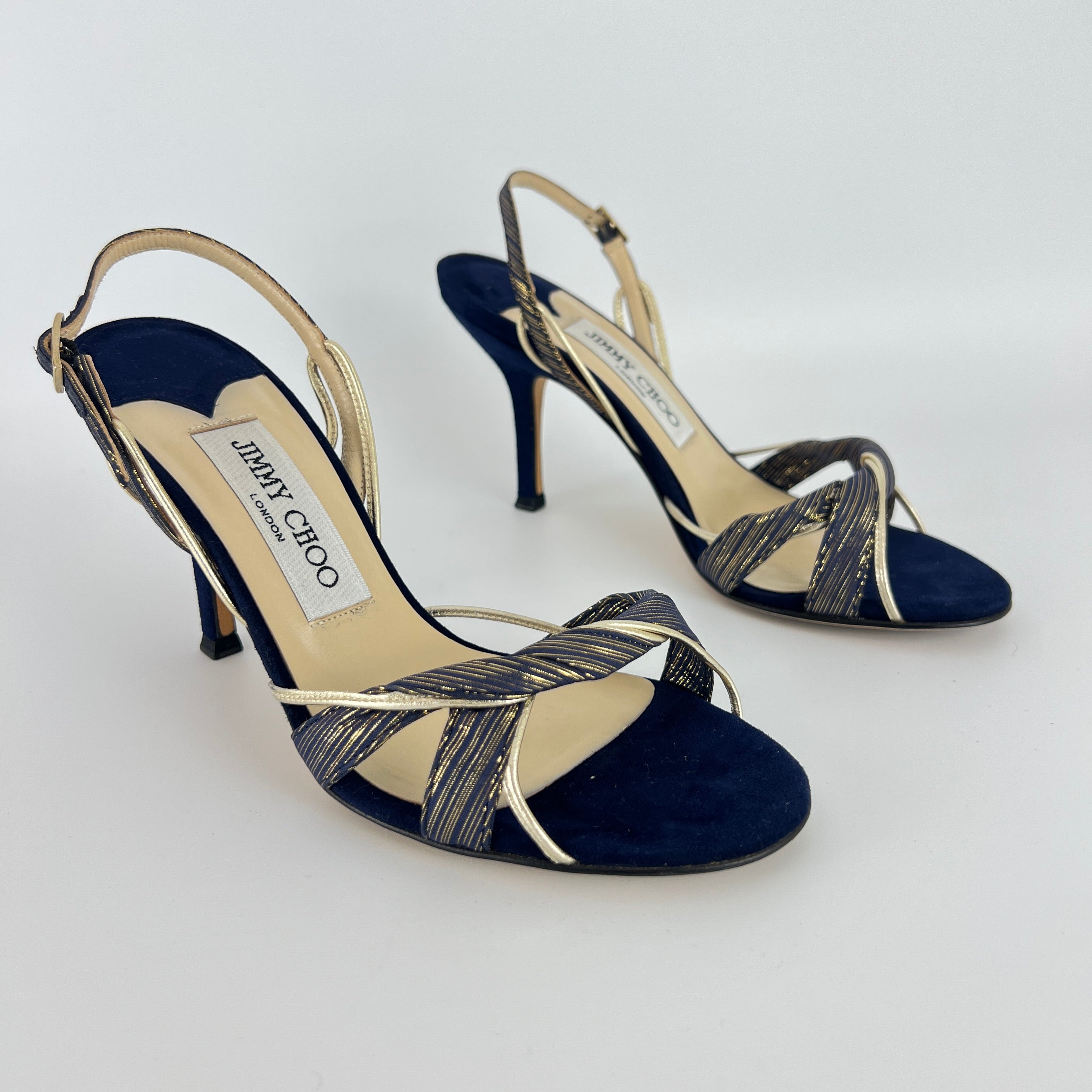 Jimmy Choo | Remi Gold Blue Silk Suede Leather Sandal Slingback Heels (35)