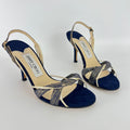 Jimmy Choo | Remi Gold Blue Silk Suede Leather Sandal Slingback Heels (35)