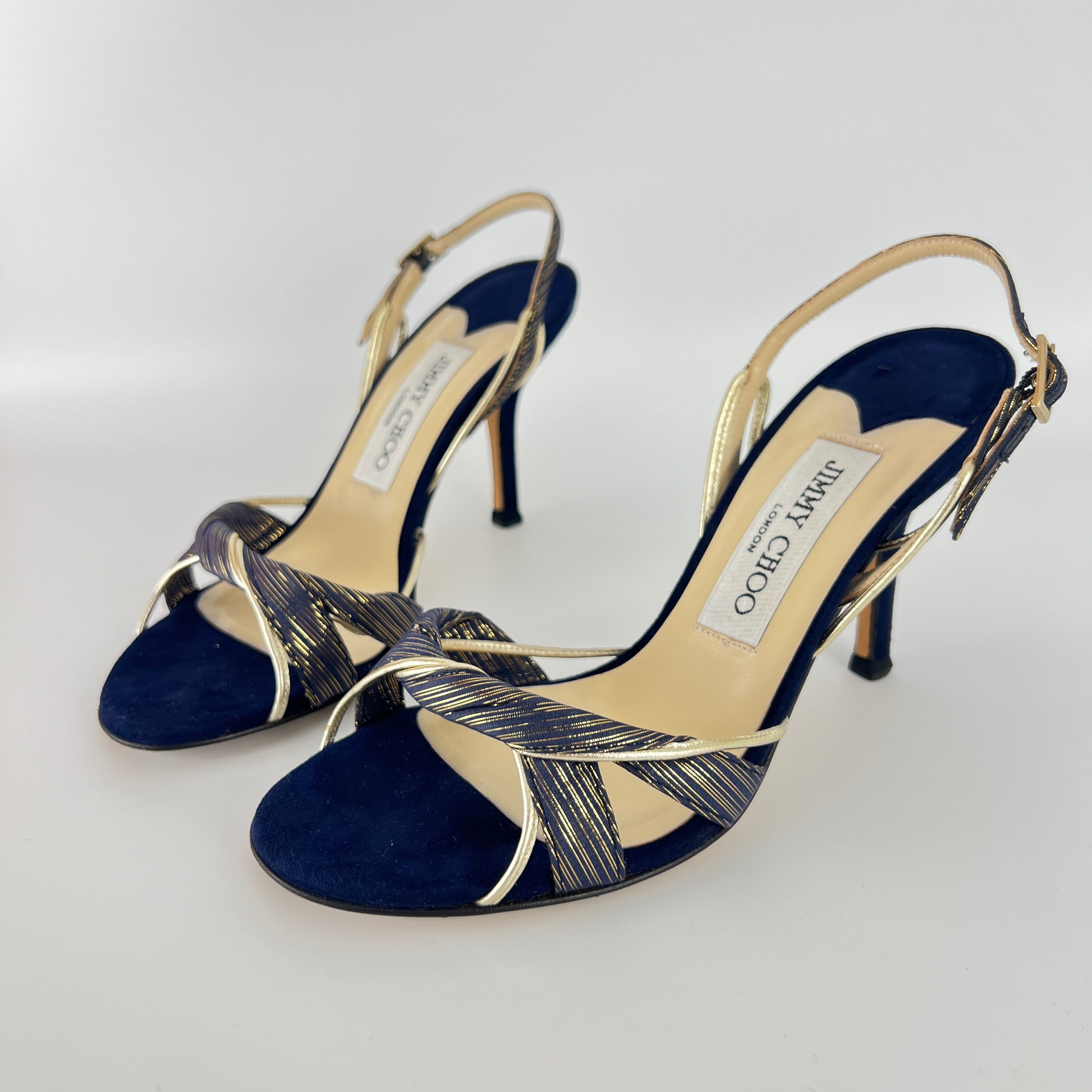 Jimmy Choo | Remi Gold Blue Silk Suede Leather Sandal Slingback Heels (35)