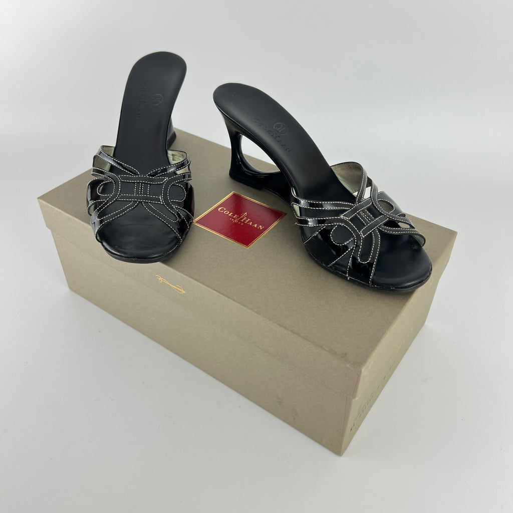 Cole Haan | Black Patent Leather Sculptural Wedge Slide Heel (6 , 36)