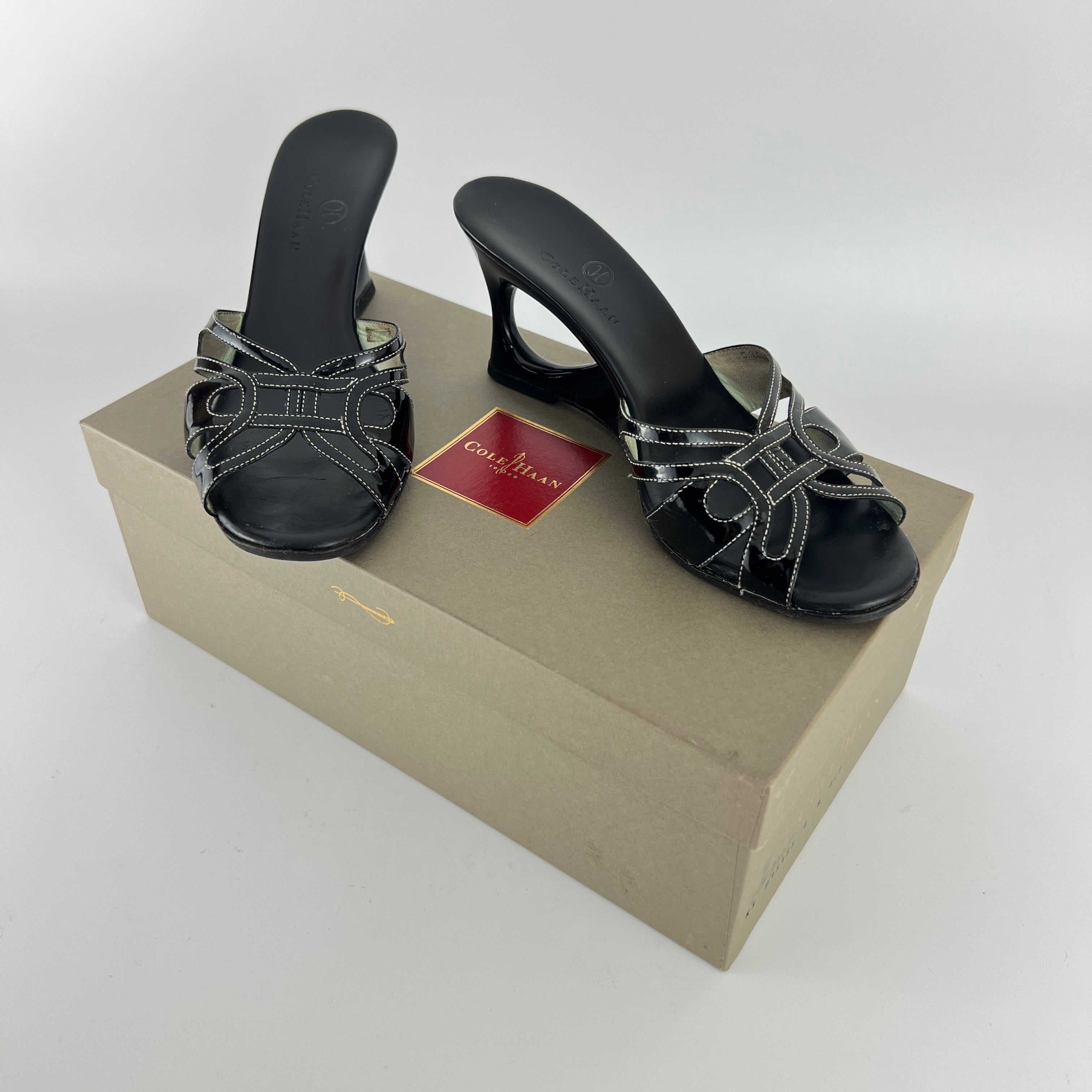 Cole Haan | Black Patent Leather Sculptural Wedge Slide Heel (6 , 36)